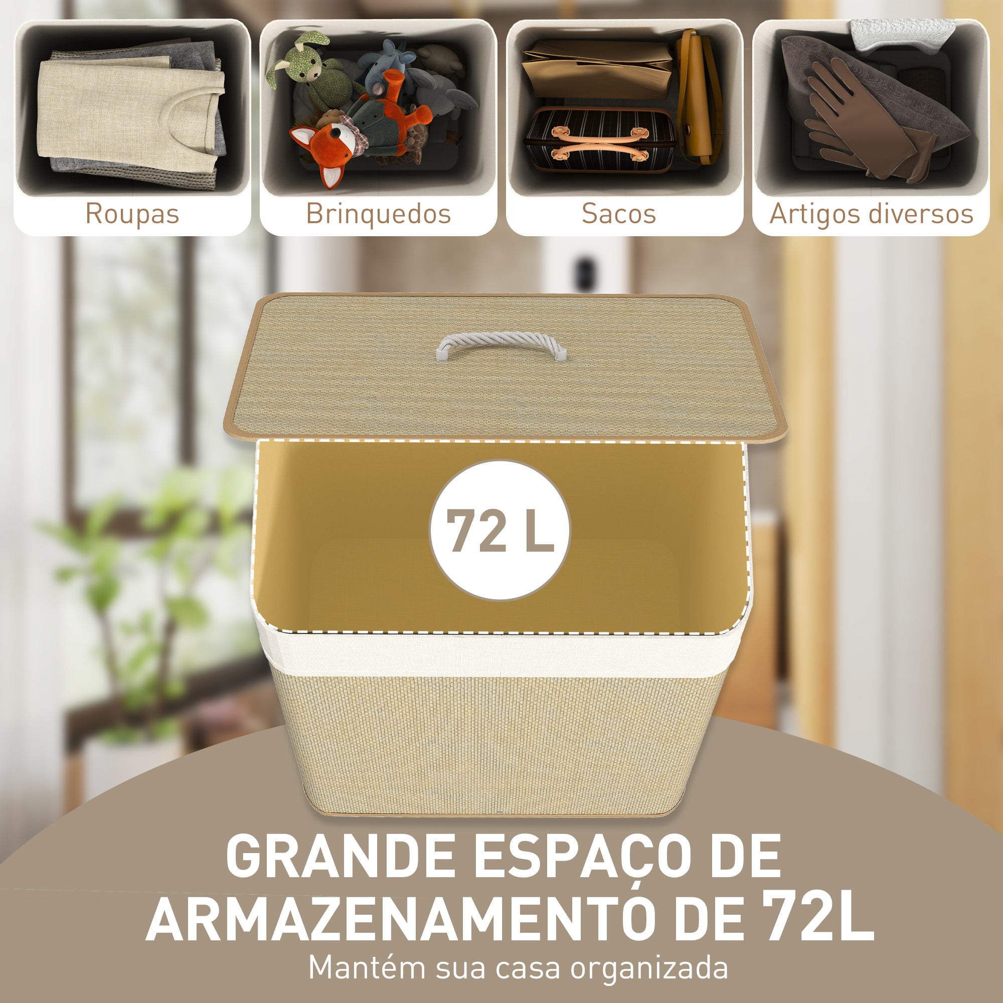 Cesto de Roupa de Bambu 72L Bege e Creme 40x30x60 cm