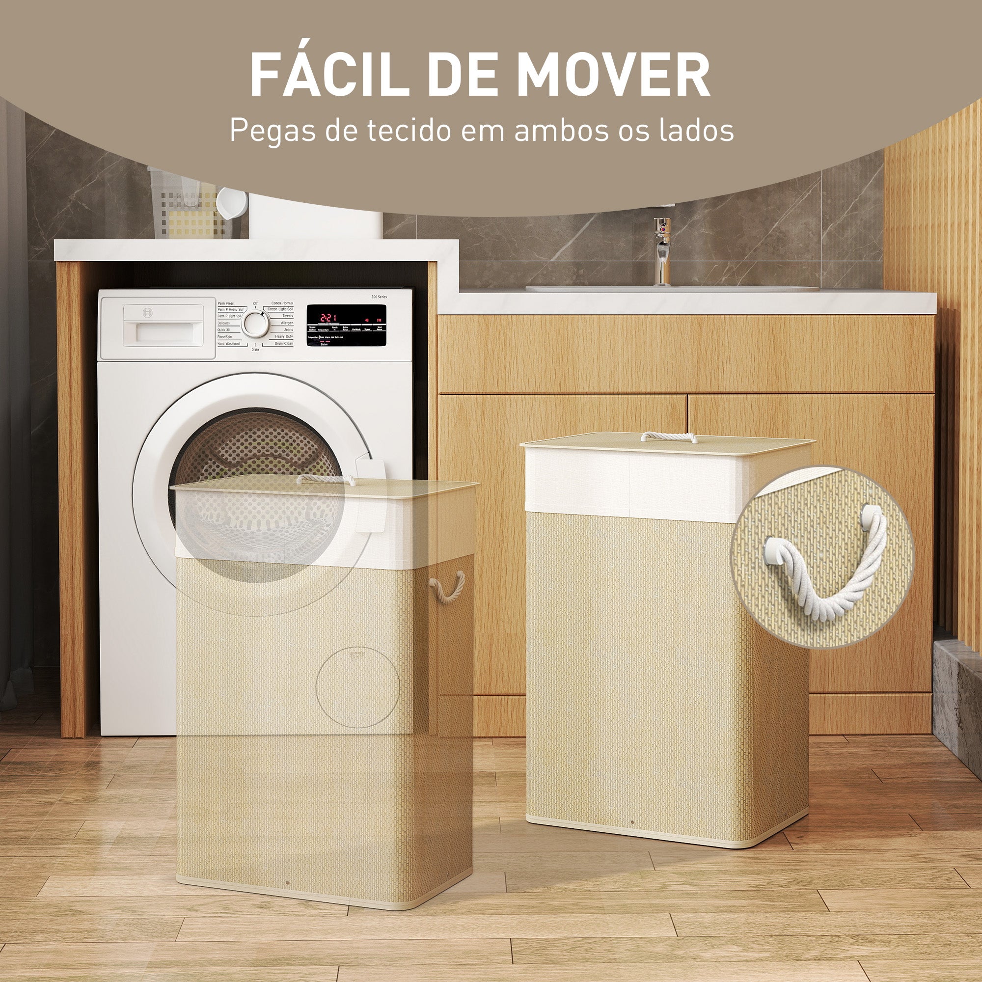 Cesto de Roupa de Bambu 72L Bege e Creme 40x30x60 cm