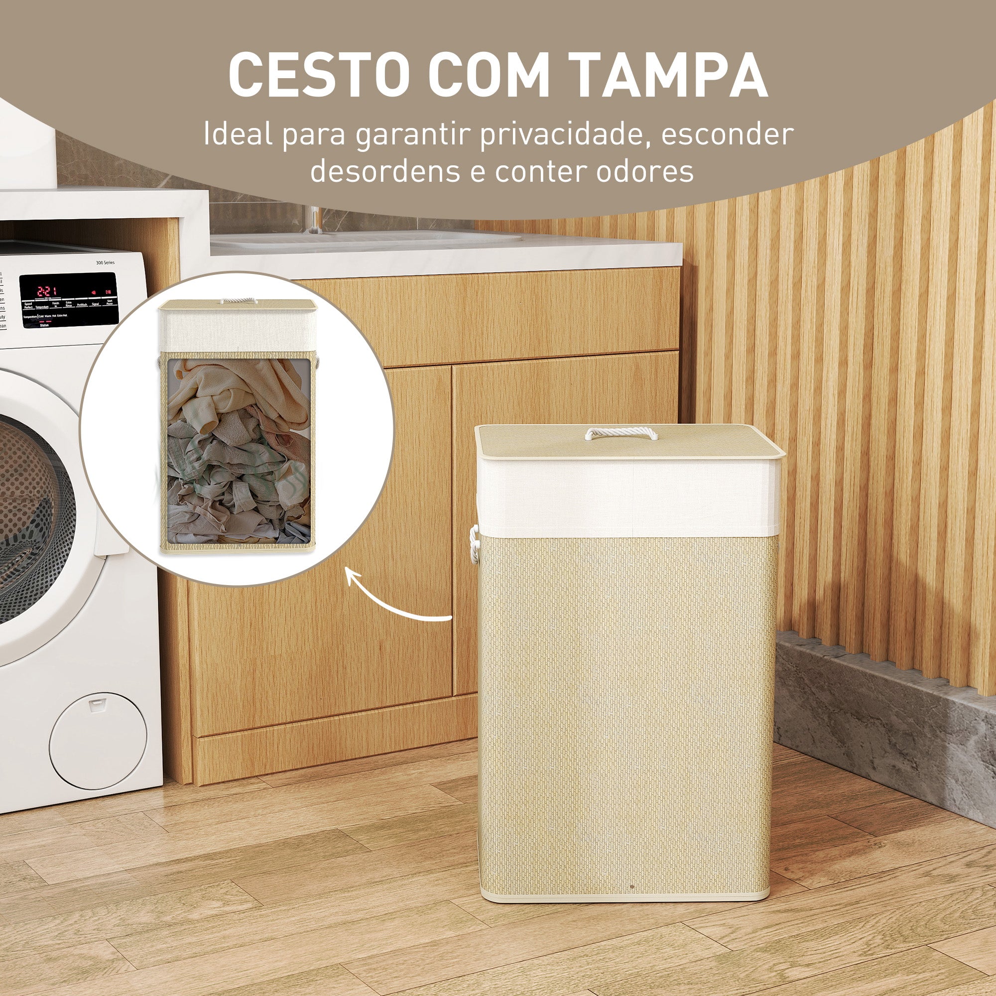 Cesto de Roupa de Bambu 72L Bege e Creme 40x30x60 cm