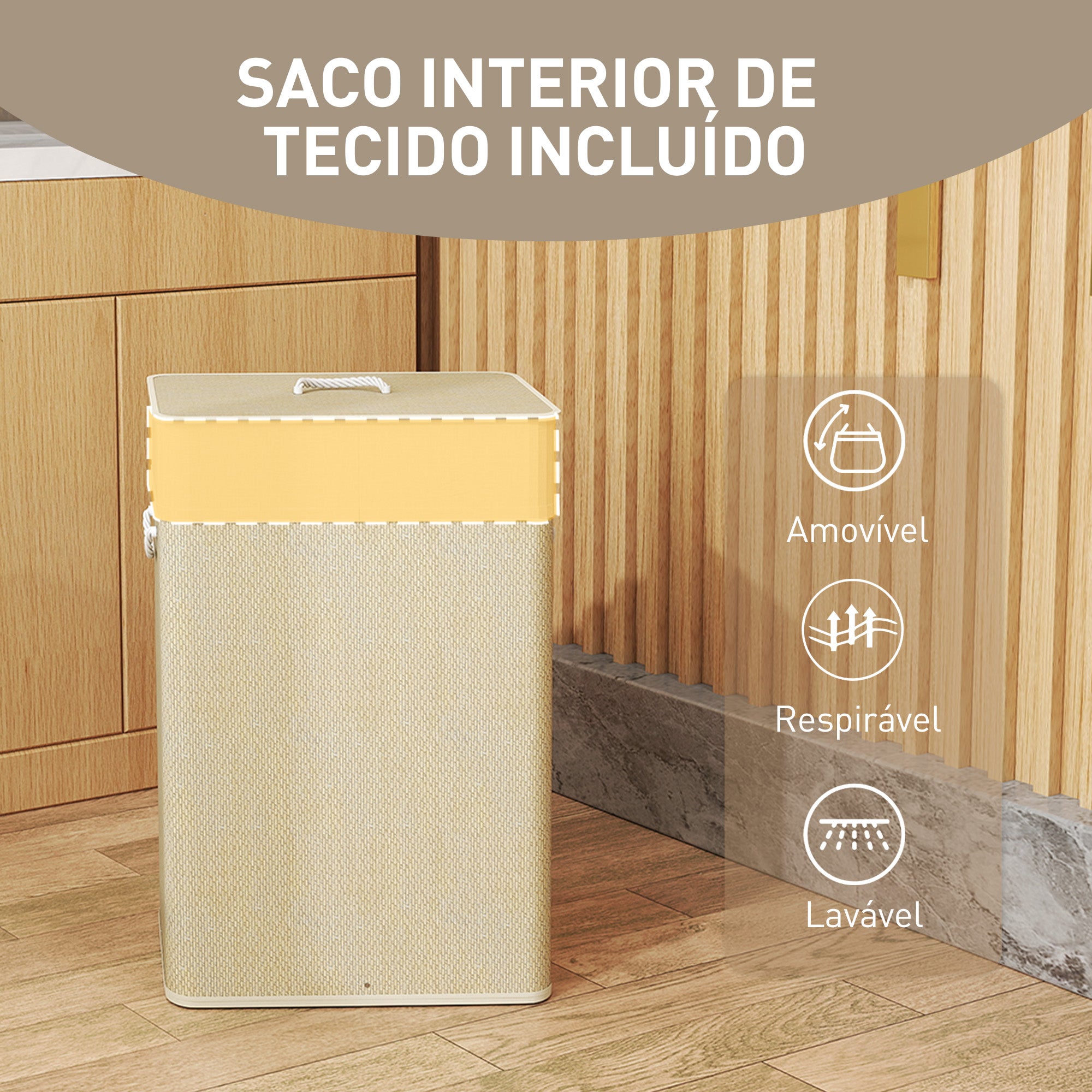 Cesto de Roupa de Bambu 72L Bege e Creme 40x30x60 cm
