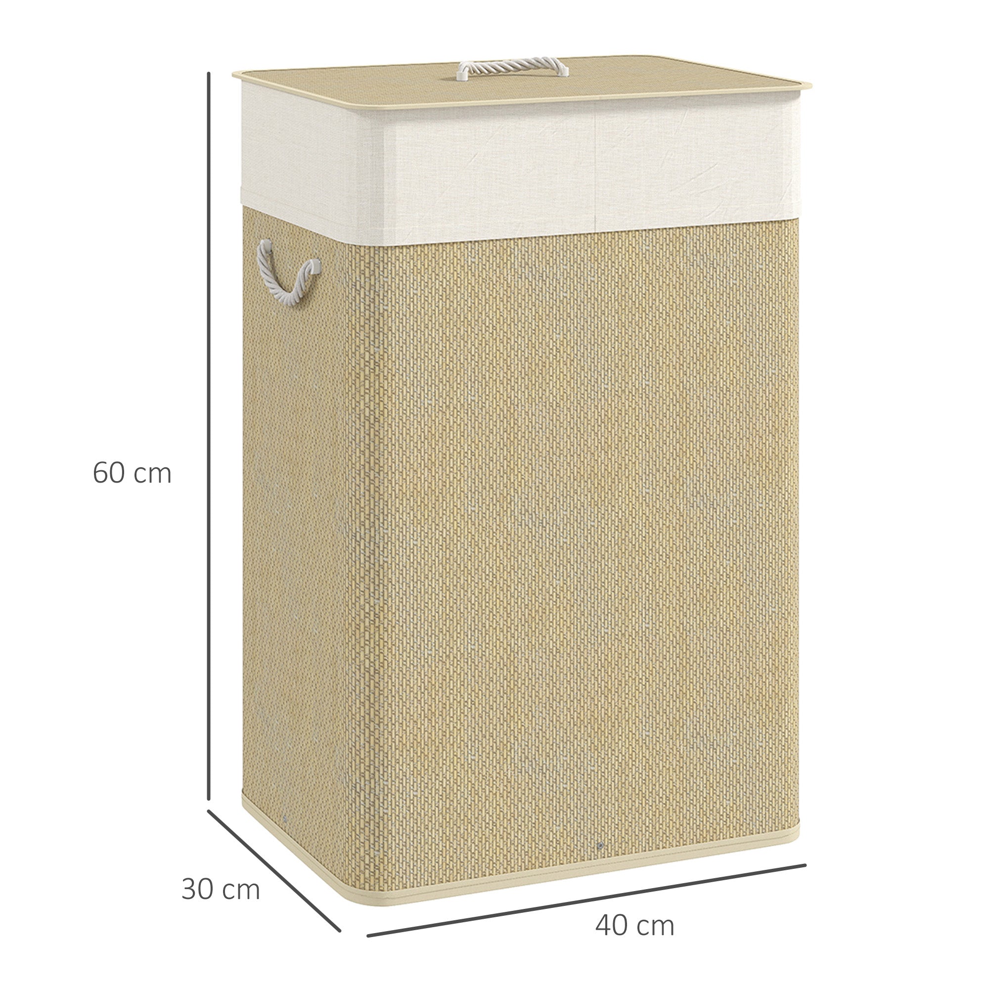 Cesto de Roupa de Bambu 72L Bege e Creme 40x30x60 cm