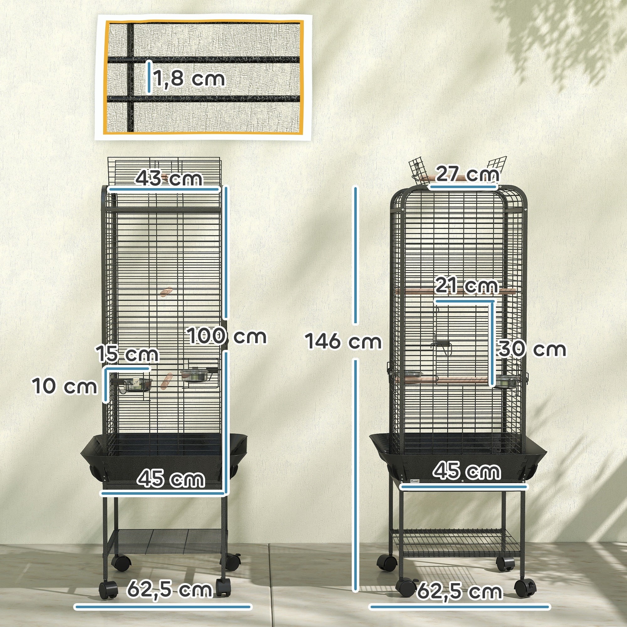 Gaiola para Pássaros – 62,5x62,5x146 cm – Cinza Escuro – Aço