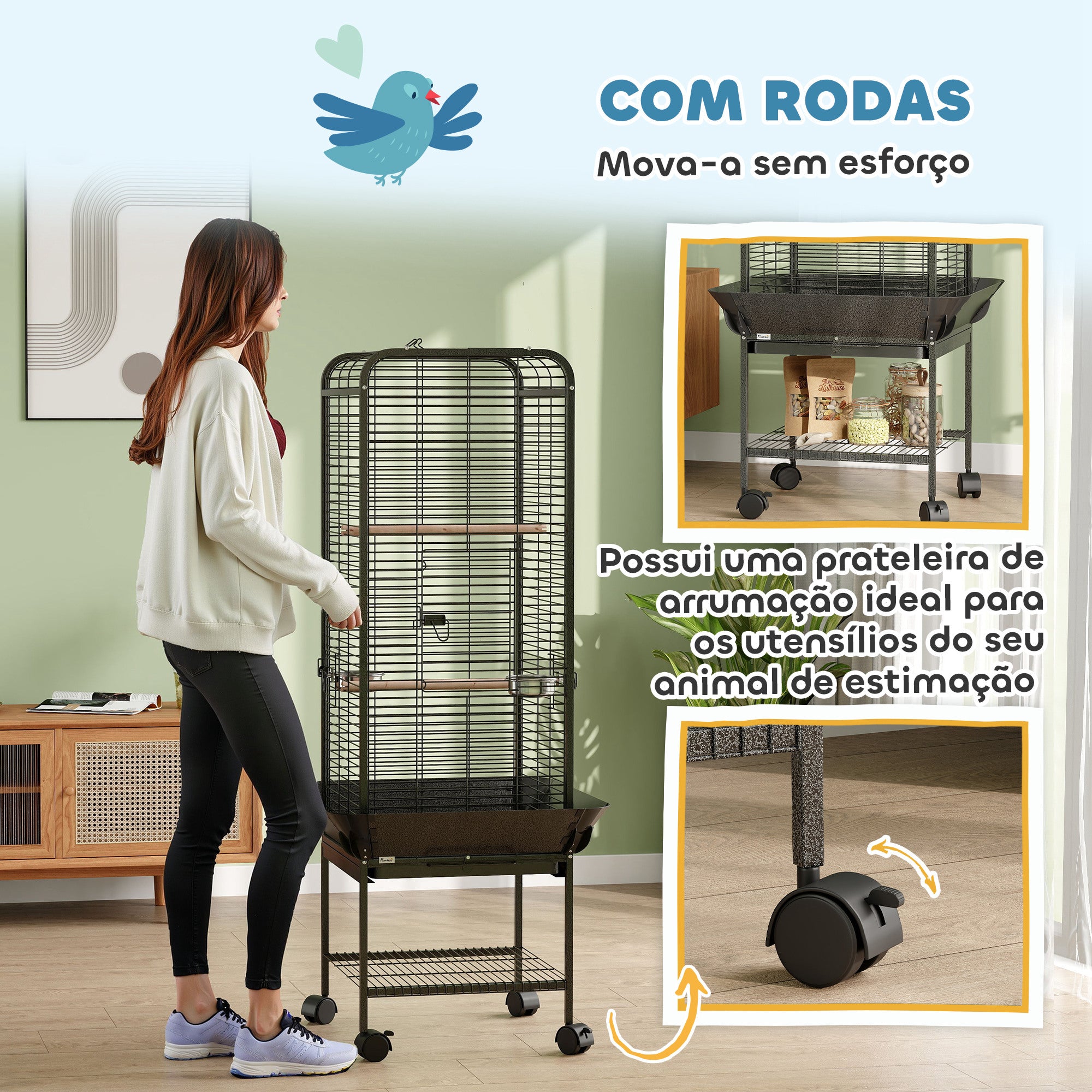 Gaiola para Pássaros – 62,5x62,5x146 cm – Cinza Escuro – Aço