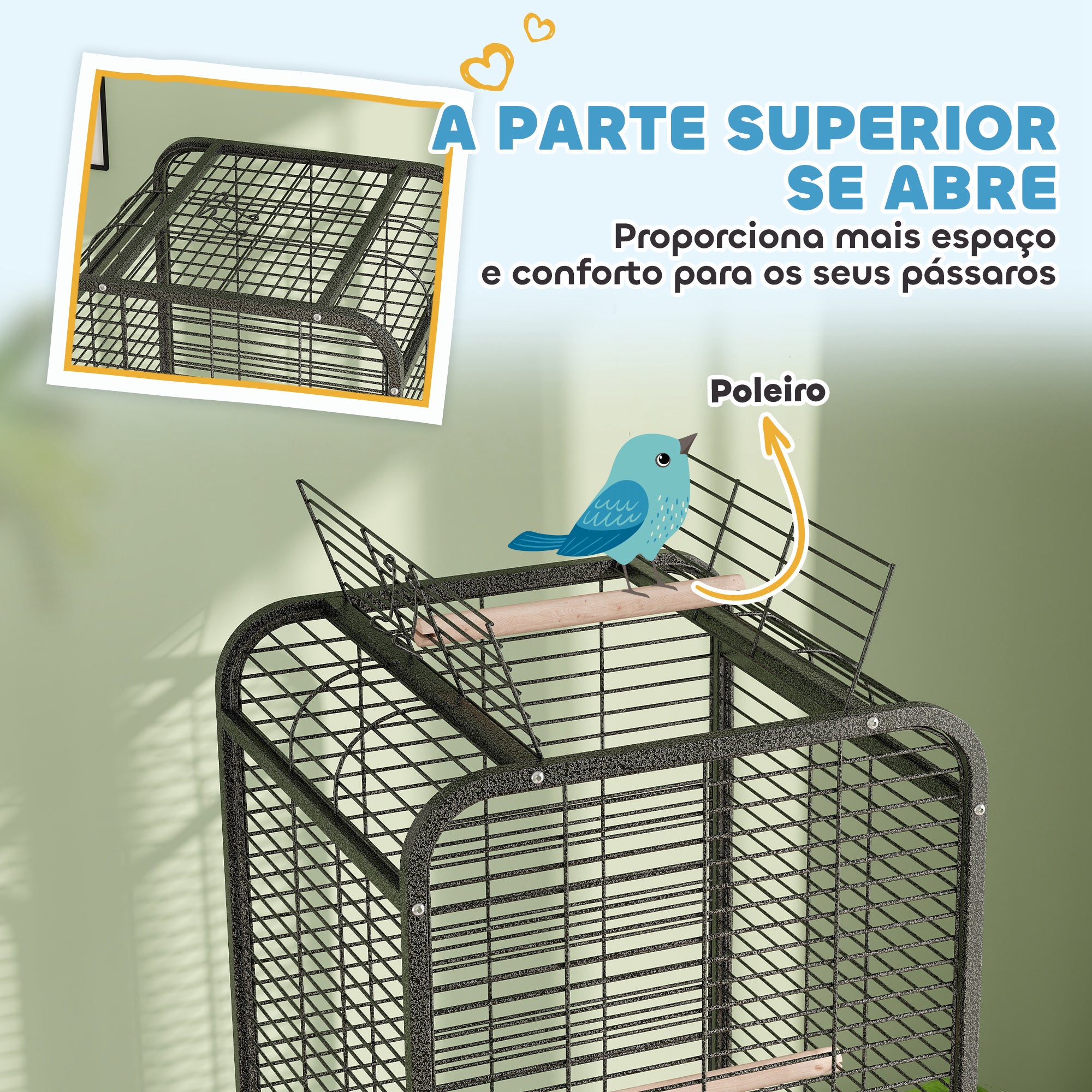 Gaiola para Pássaros – 62,5x62,5x146 cm – Cinza Escuro – Aço