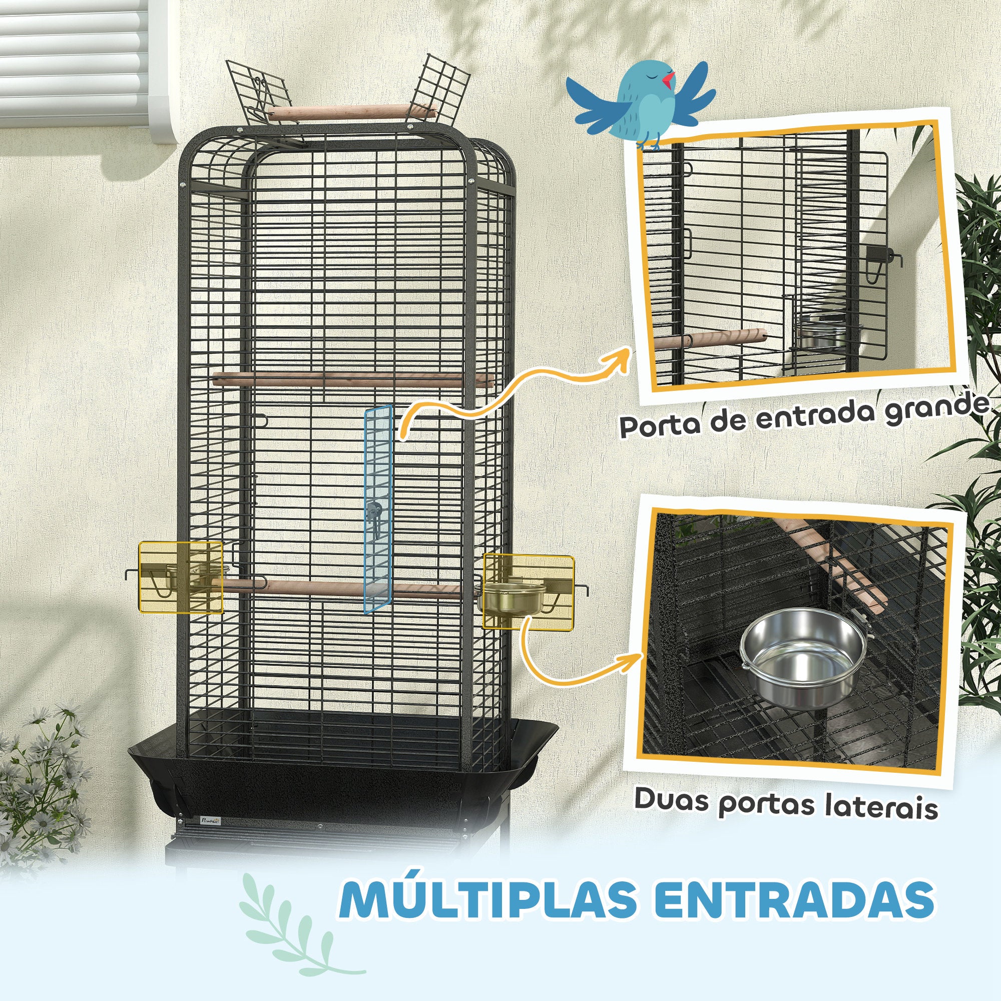 Gaiola para Pássaros – 62,5x62,5x146 cm – Cinza Escuro – Aço
