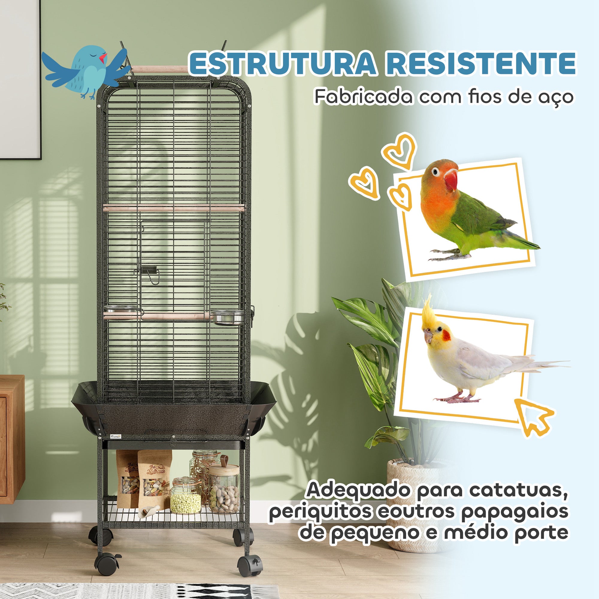 Gaiola para Pássaros – 62,5x62,5x146 cm – Cinza Escuro – Aço