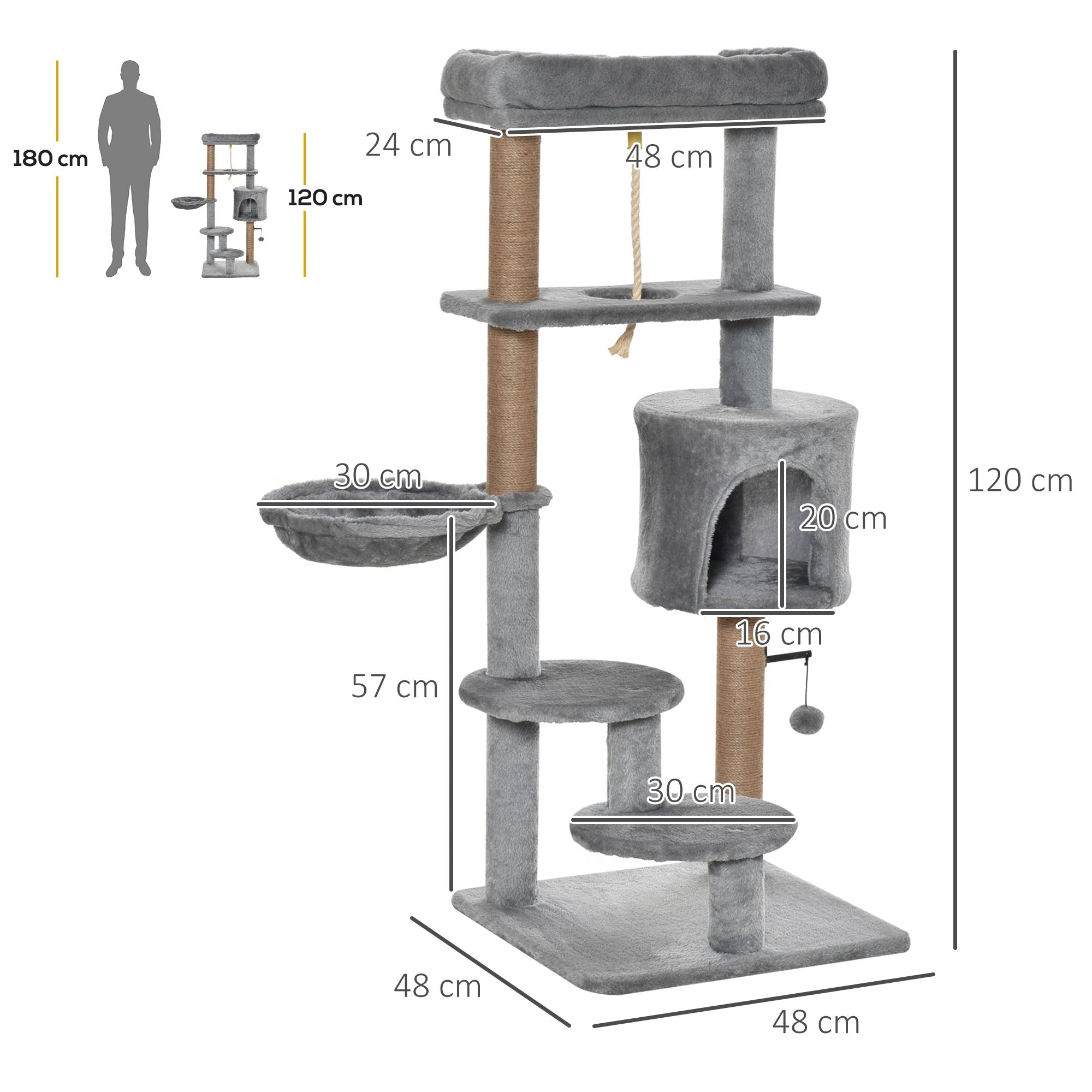 Arranhador para Gatos Altura 120 cm Cinzento