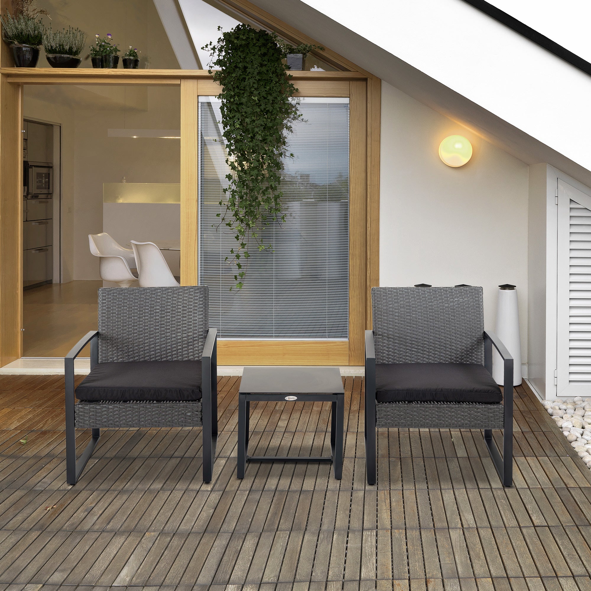 Conjunto de Móveis de Jardim de Vime 3 Peças com Mesa 42,5x40x39 cm e 2 Poltronas 63x57x76 cm - Cinzento e Preto