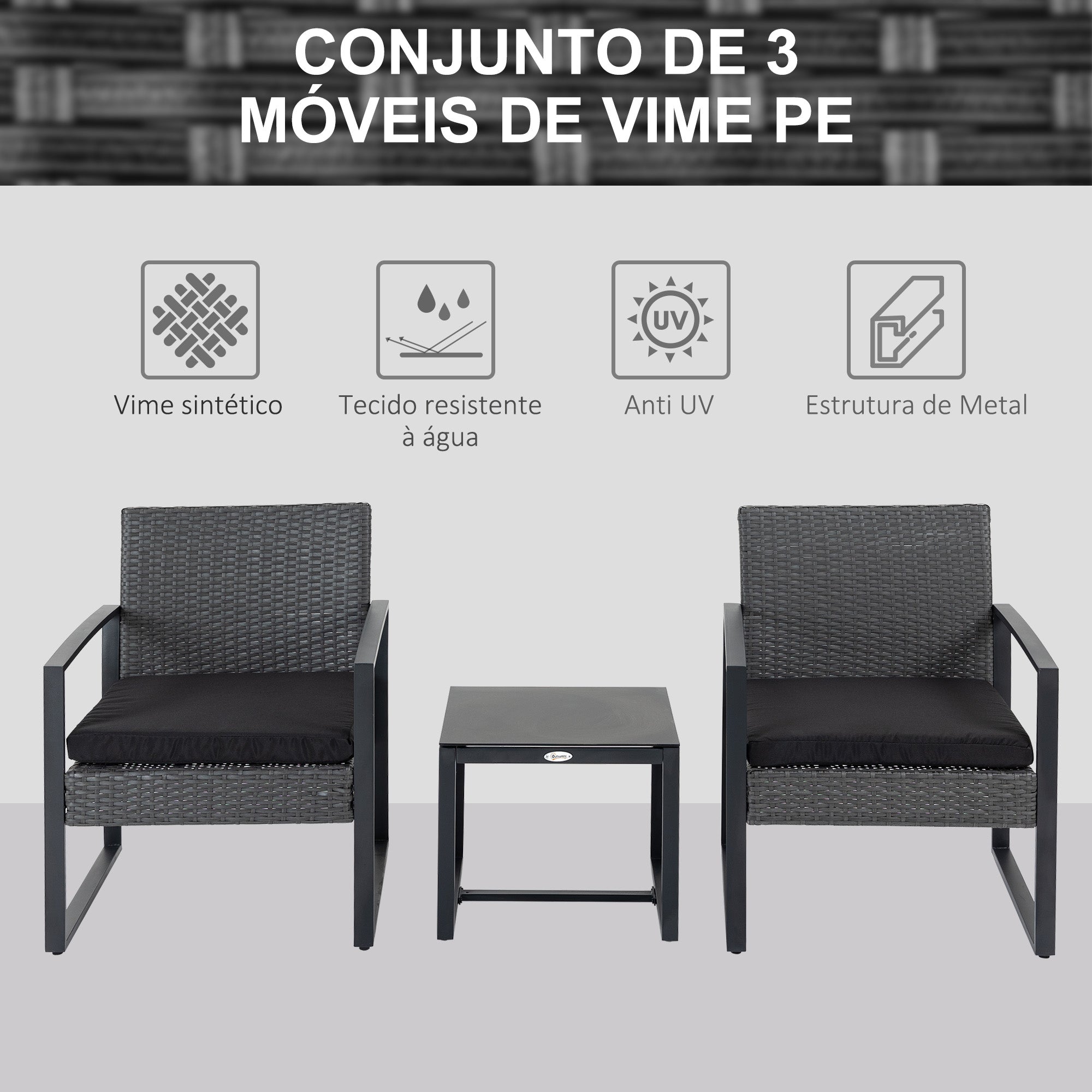 Conjunto de Móveis de Jardim de Vime 3 Peças com Mesa 42,5x40x39 cm e 2 Poltronas 63x57x76 cm - Cinzento e Preto