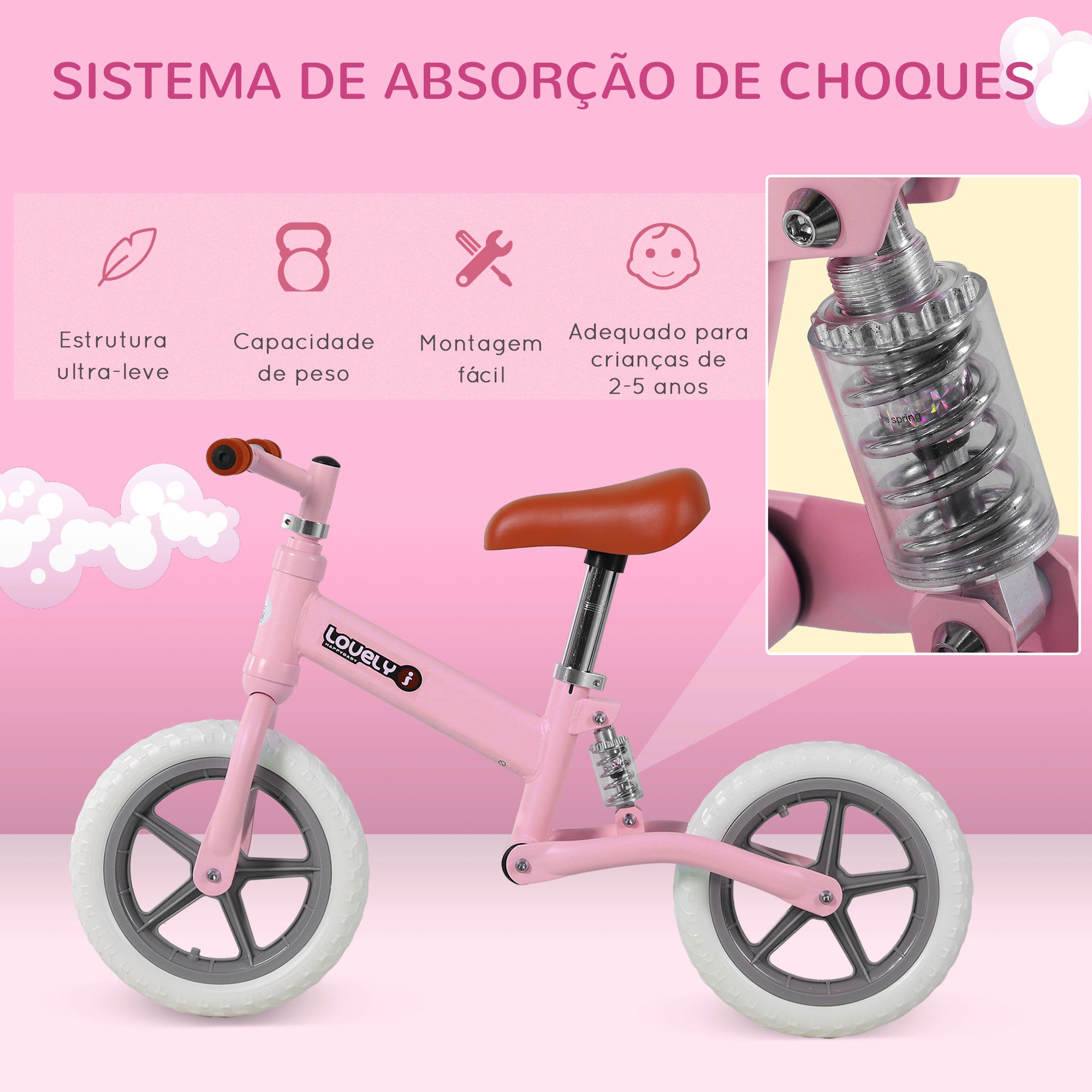 Bicicleta de Equilíbrio para Crianças 2-5 Anos - Rosa 85x36x54cm