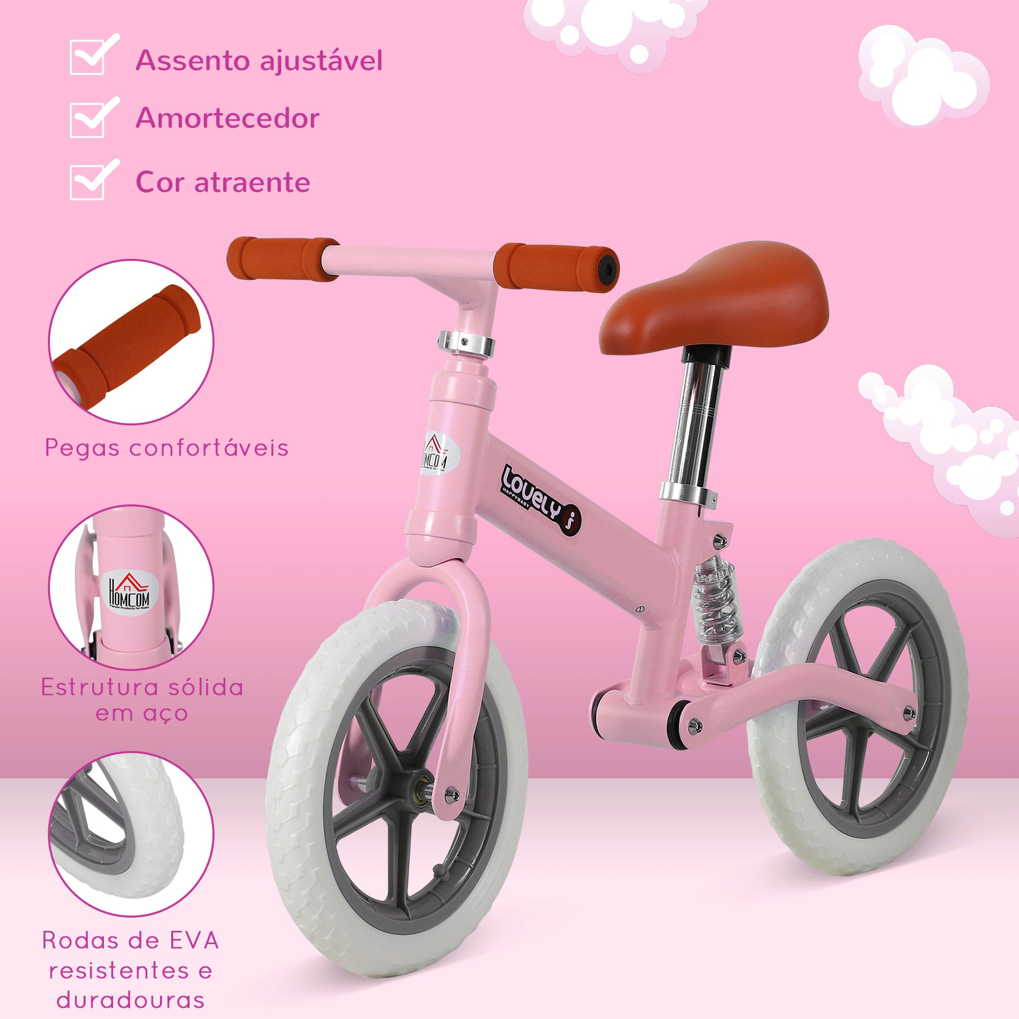 Bicicleta de Equilíbrio para Crianças 2-5 Anos - Rosa 85x36x54cm