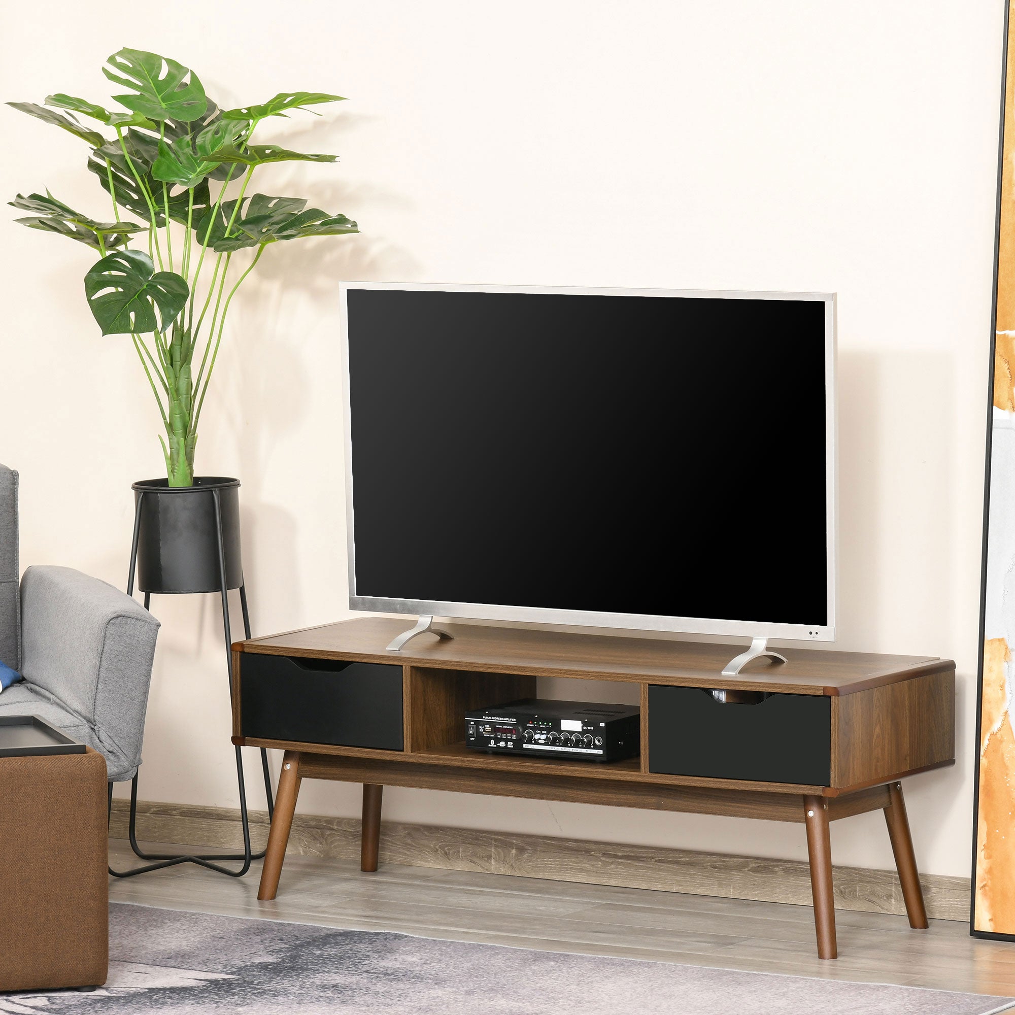 Suporte de TV Mesa para TV de 50" com 2 Gavetas e Compartimento Aberto - 122x39x46 cm - Teak