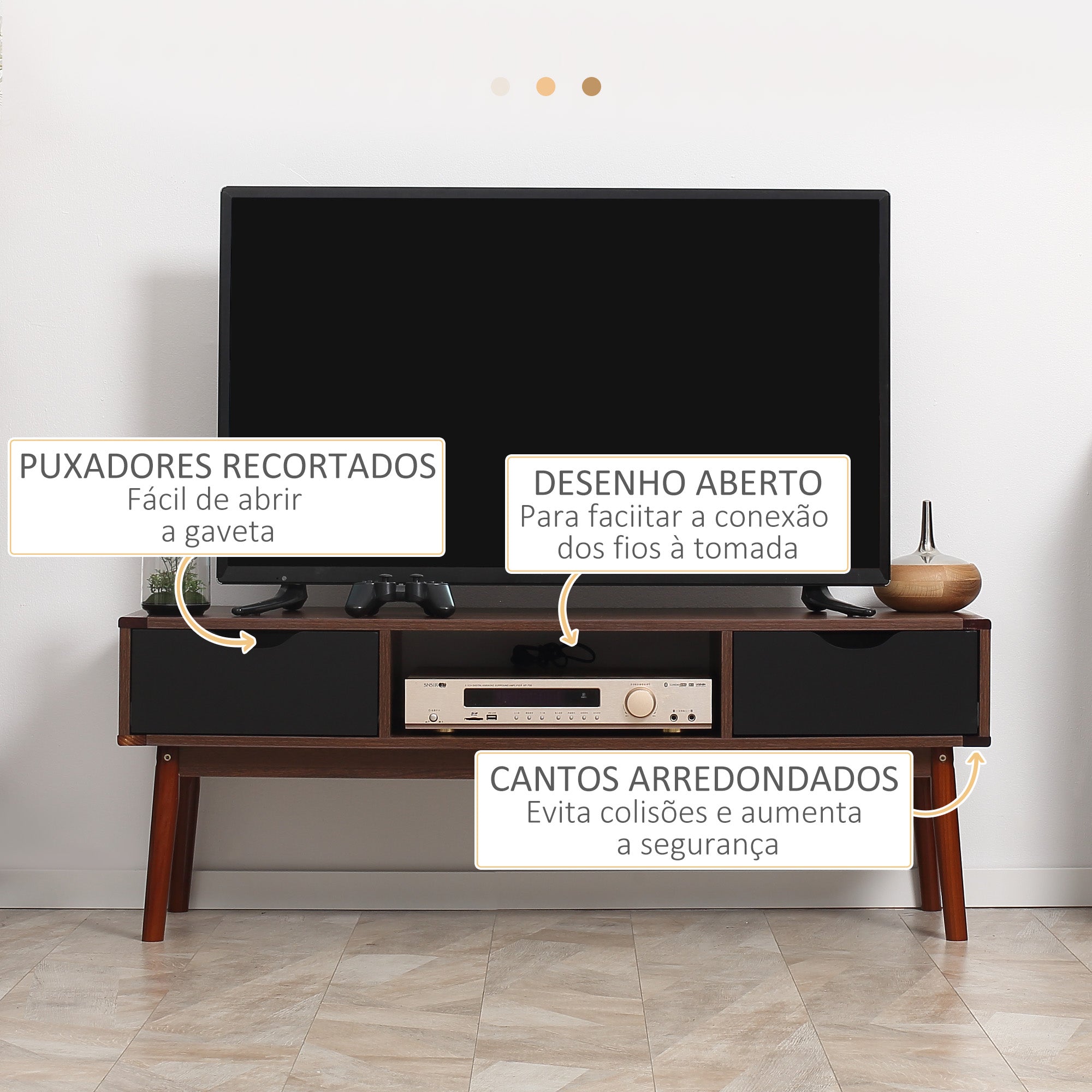 Suporte de TV Mesa para TV de 50" com 2 Gavetas e Compartimento Aberto - 122x39x46 cm - Teak