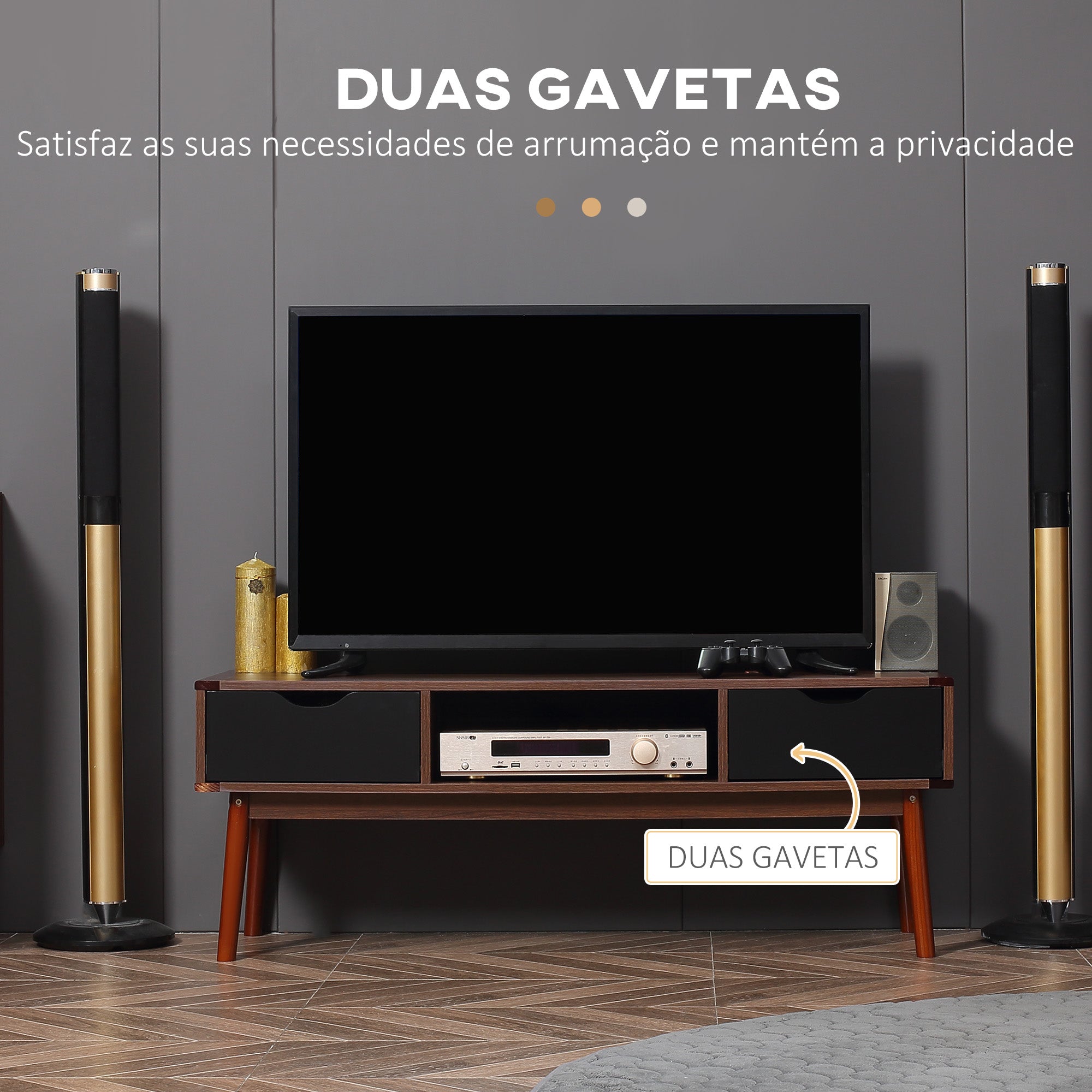 Suporte de TV Mesa para TV de 50" com 2 Gavetas e Compartimento Aberto - 122x39x46 cm - Teak