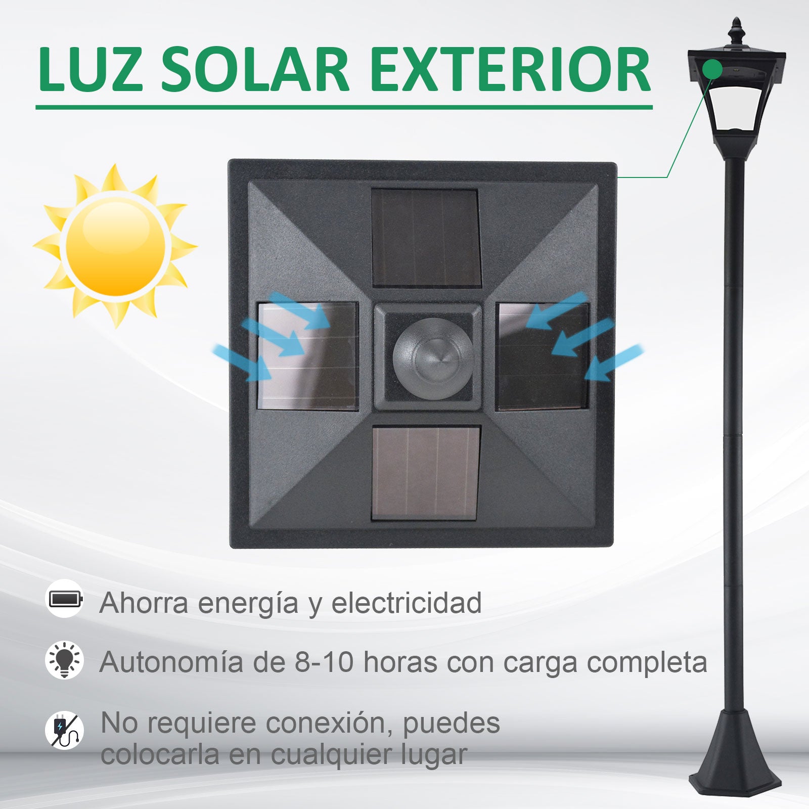 Candeeiro Solar para Exterior - 15x15x120 cm - Preto