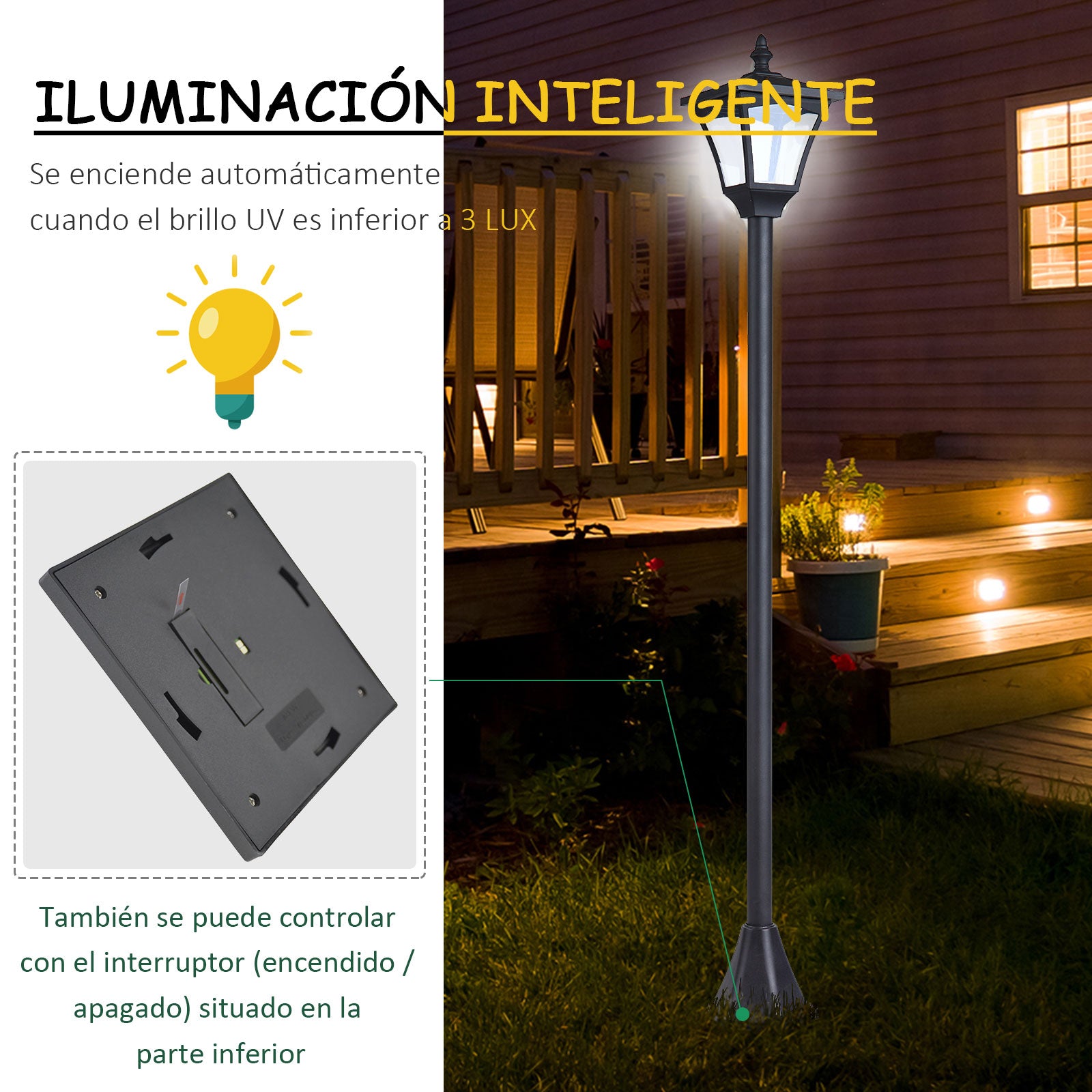 Candeeiro Solar para Exterior - 15x15x120 cm - Preto