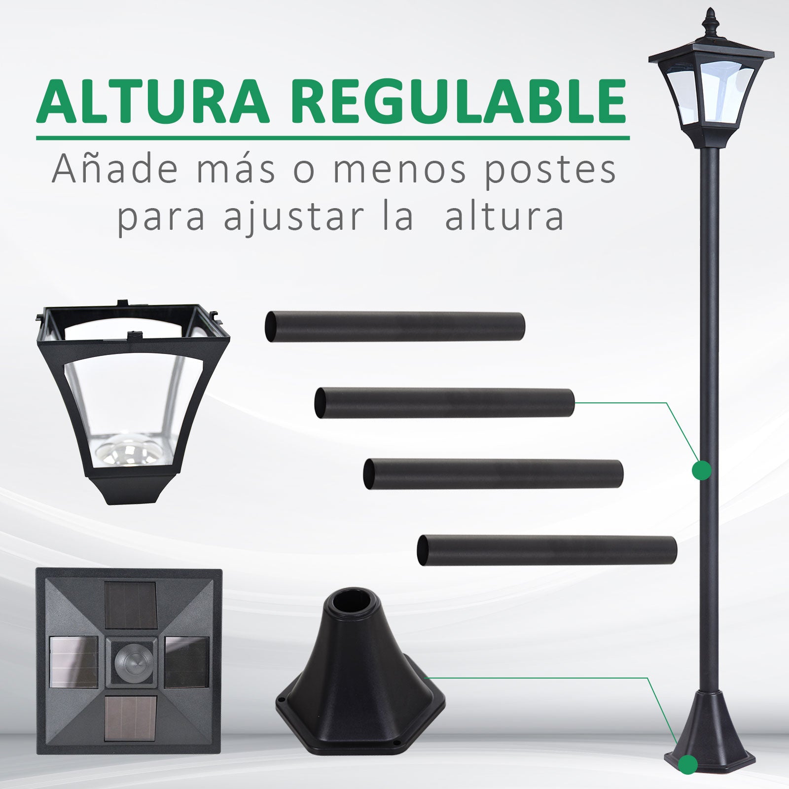 Candeeiro Solar para Exterior - 15x15x120 cm - Preto