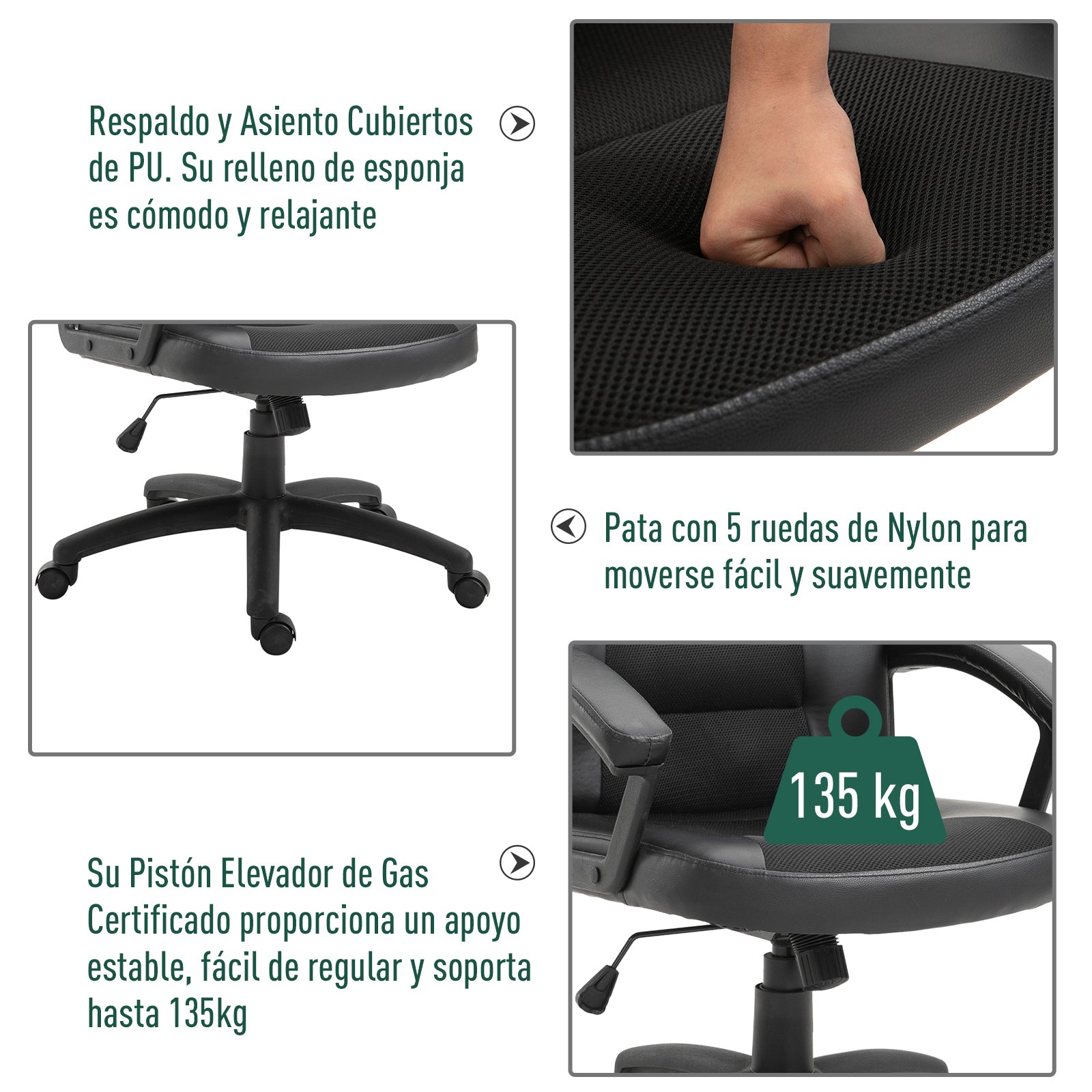 Cadeira de Escritório com Encosto Alto e Altura Ajustável 64x65x113-123 cm - Preto
