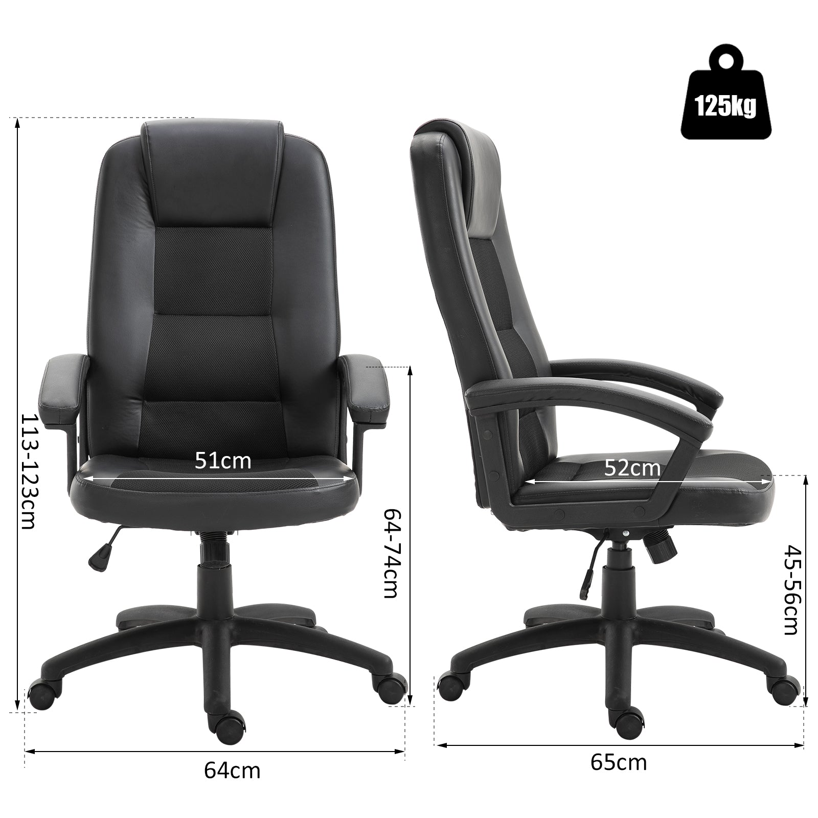 Cadeira de Escritório com Encosto Alto e Altura Ajustável 64x65x113-123 cm - Preto