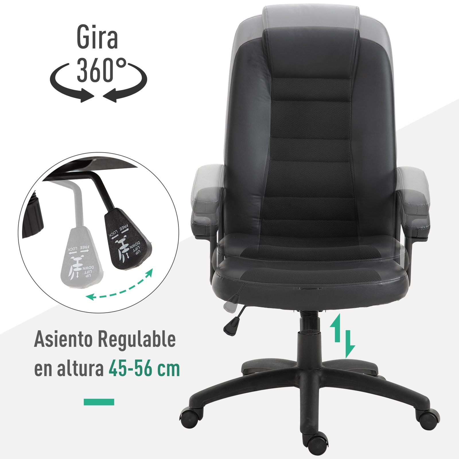 Cadeira de Escritório com Encosto Alto e Altura Ajustável 64x65x113-123 cm - Preto