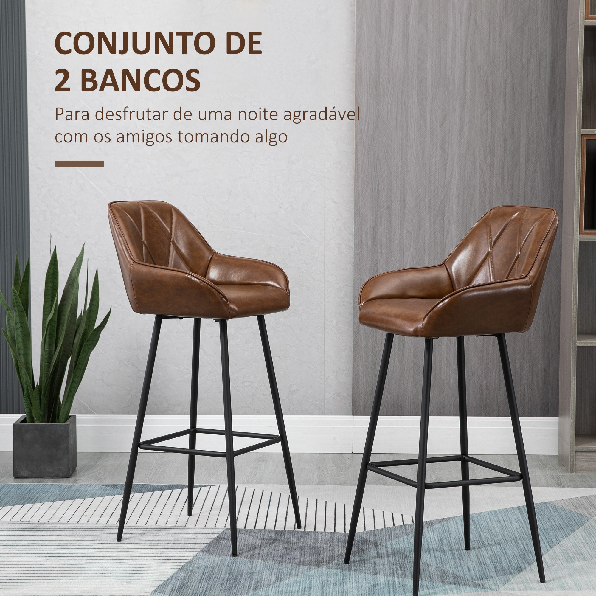 Bancos Altos de Cozinha Estofados em PU Cor Castanho Rústico 50x47,5x102,5cm