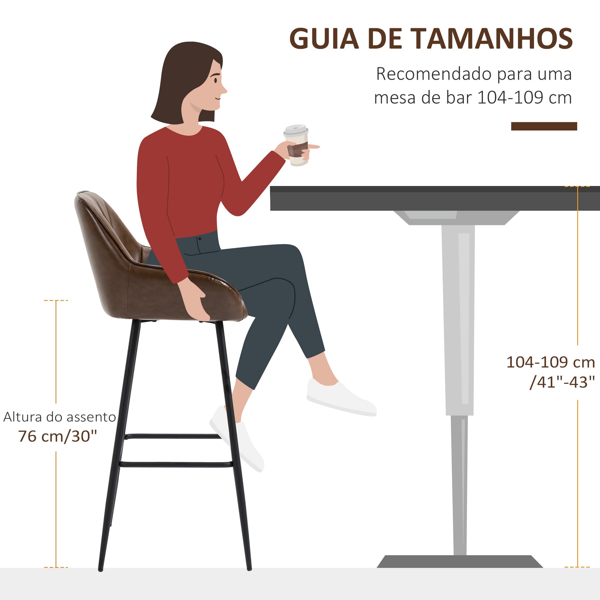 Bancos Altos de Cozinha Estofados em PU Cor Castanho Rústico 50x47,5x102,5cm