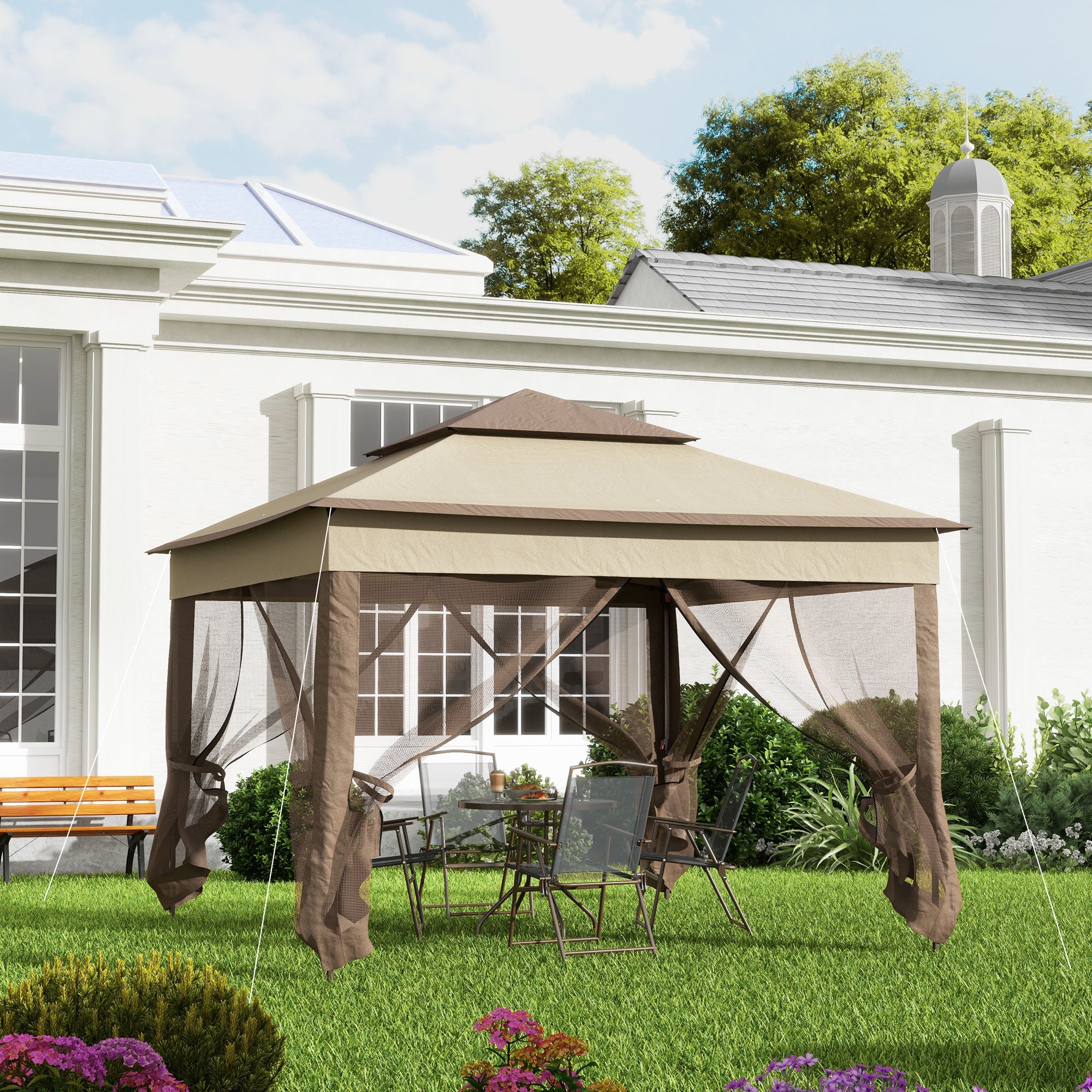 Tenda Espaçosa de Jardim 325x325x265 cm em Cáqui e Marrom Claro