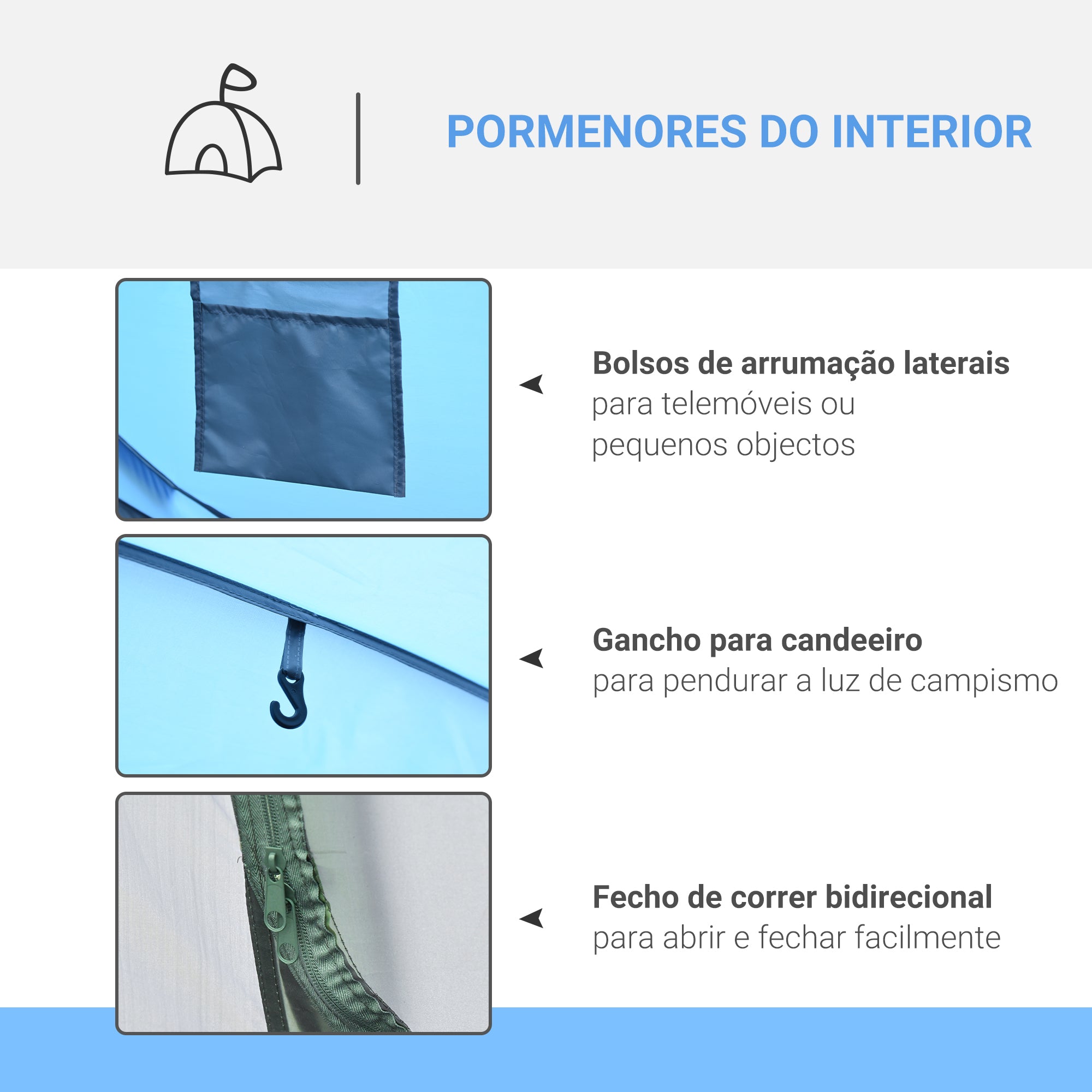 Tenda de Campismo Pop-up para 2-3 Pessoas - Azul e Cinza 263,5x220x123 cm