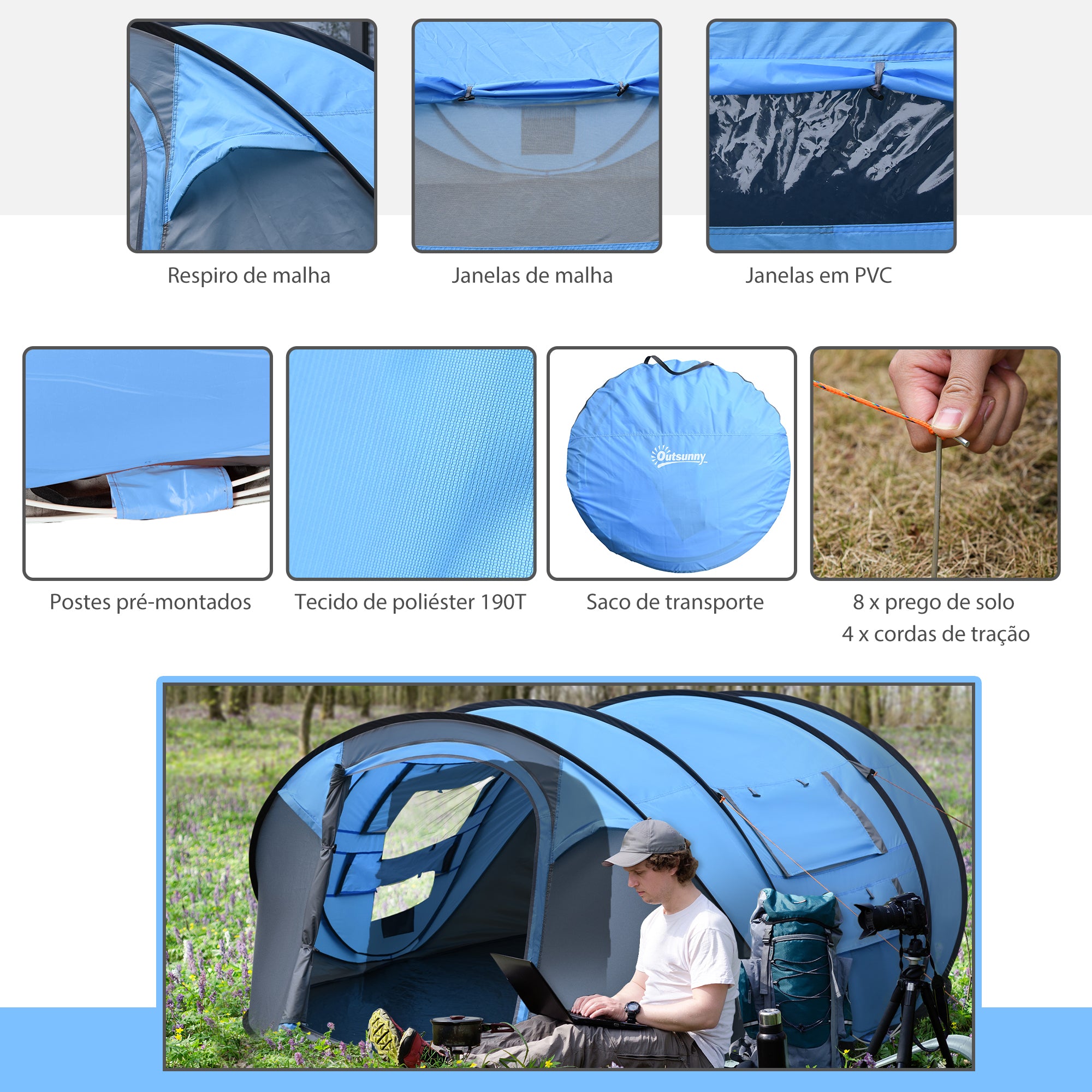 Tenda de Campismo Pop-up para 2-3 Pessoas - Azul e Cinza 263,5x220x123 cm