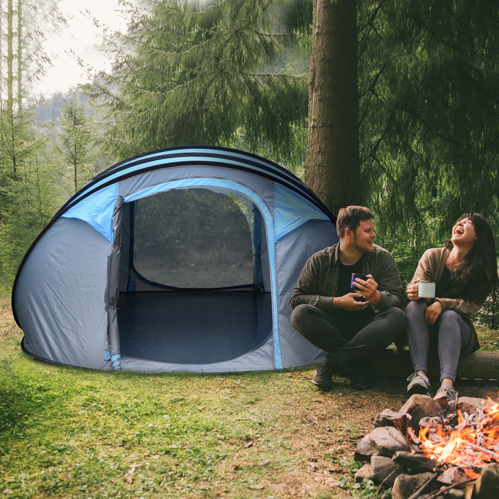 Tenda de Campismo Pop-up para 2-3 Pessoas - Azul e Cinza 263,5x220x123 cm