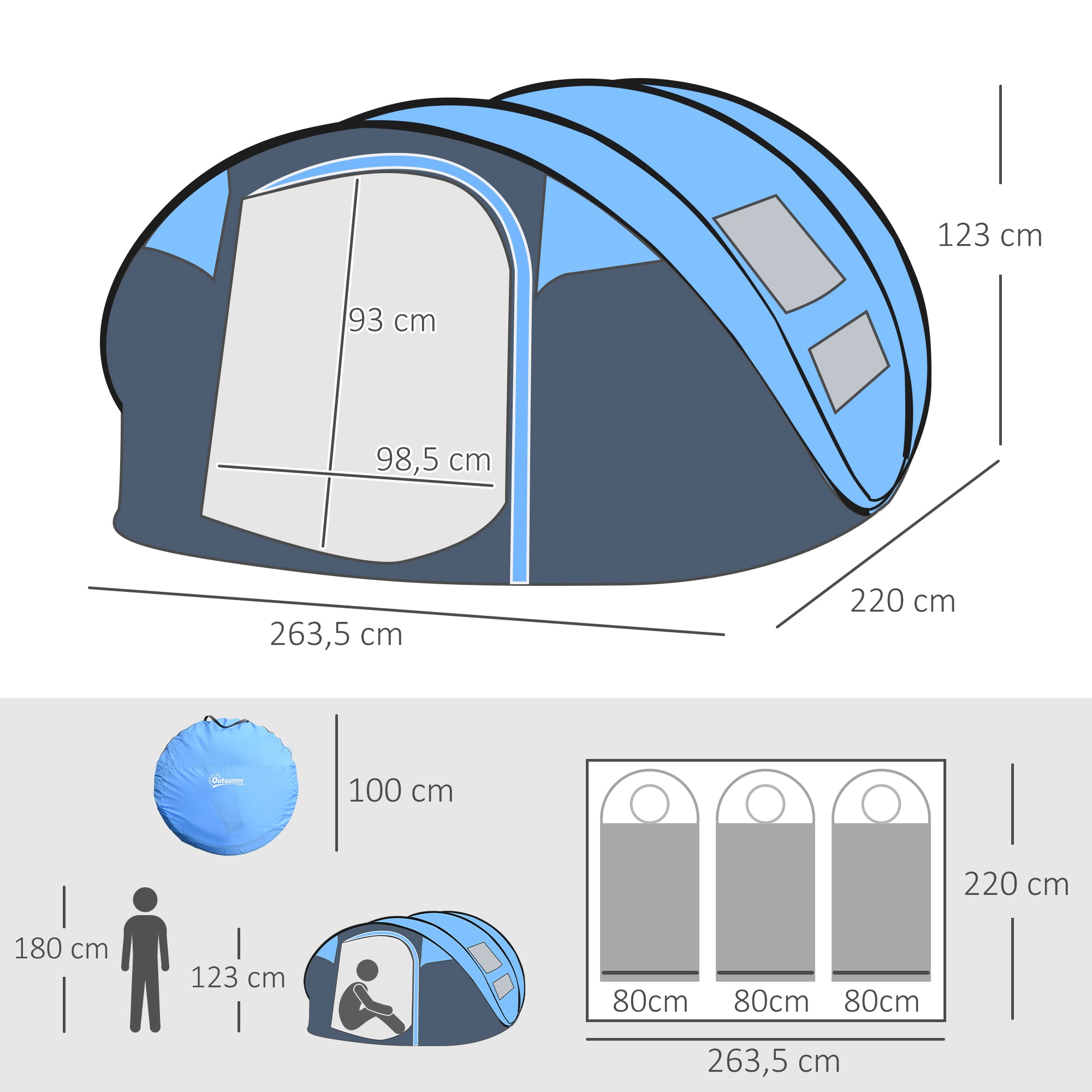 Tenda de Campismo Pop-up para 2-3 Pessoas - Azul e Cinza 263,5x220x123 cm