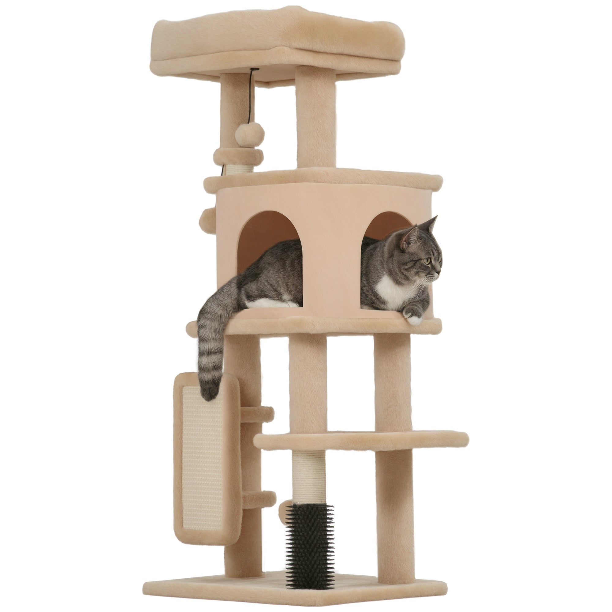 Arranhador para Gatos Bege 44x34x104 cm com Plataformas e Bolas Suspensas
