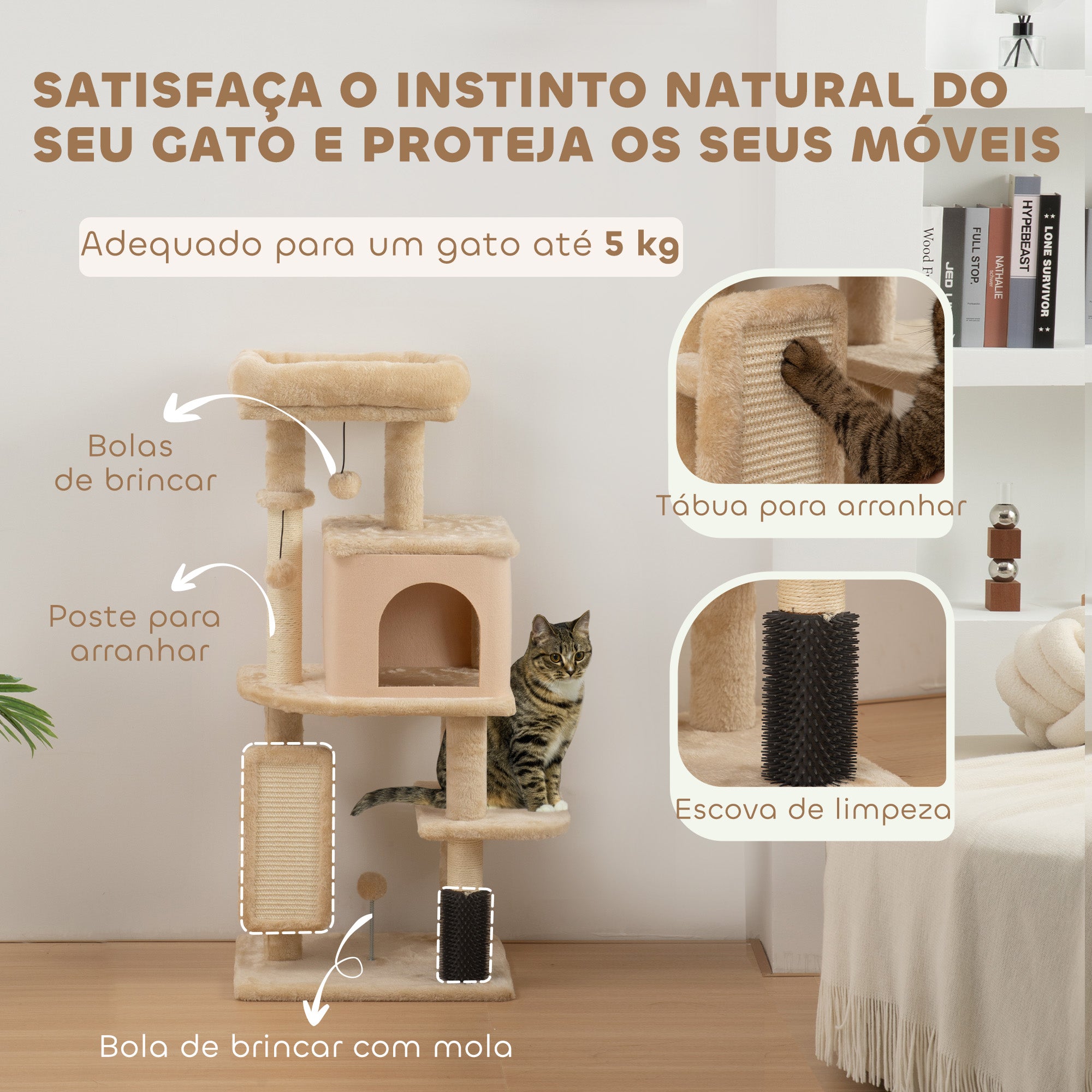 Arranhador para Gatos Bege 44x34x104 cm com Plataformas e Bolas Suspensas
