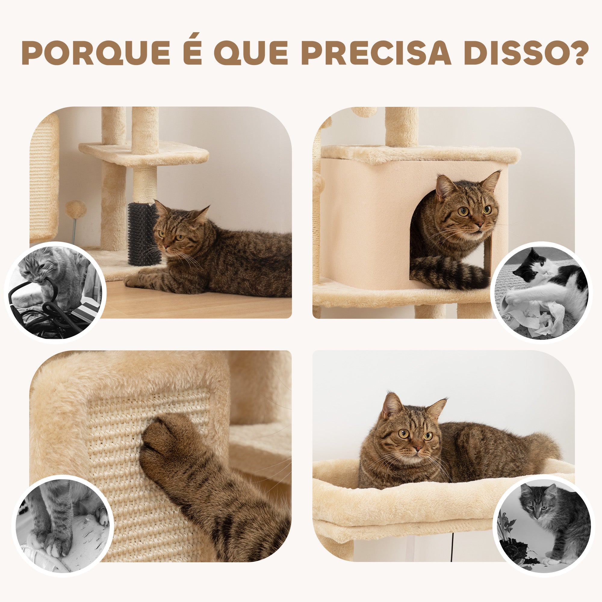 Arranhador para Gatos Bege 44x34x104 cm com Plataformas e Bolas Suspensas