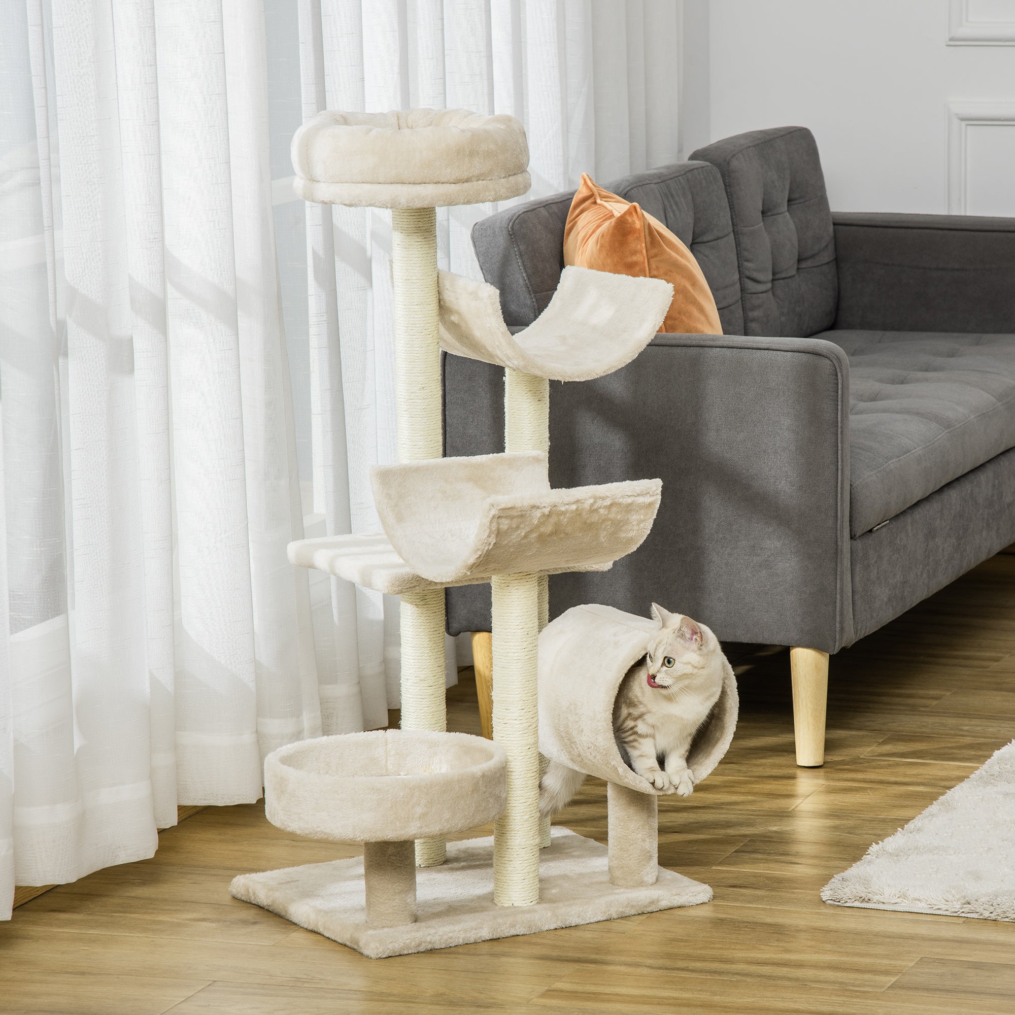 Raspador para Gatos Bege 50x40x105cm - Centro de Atividades com Plataformas e Tubo de Jogo