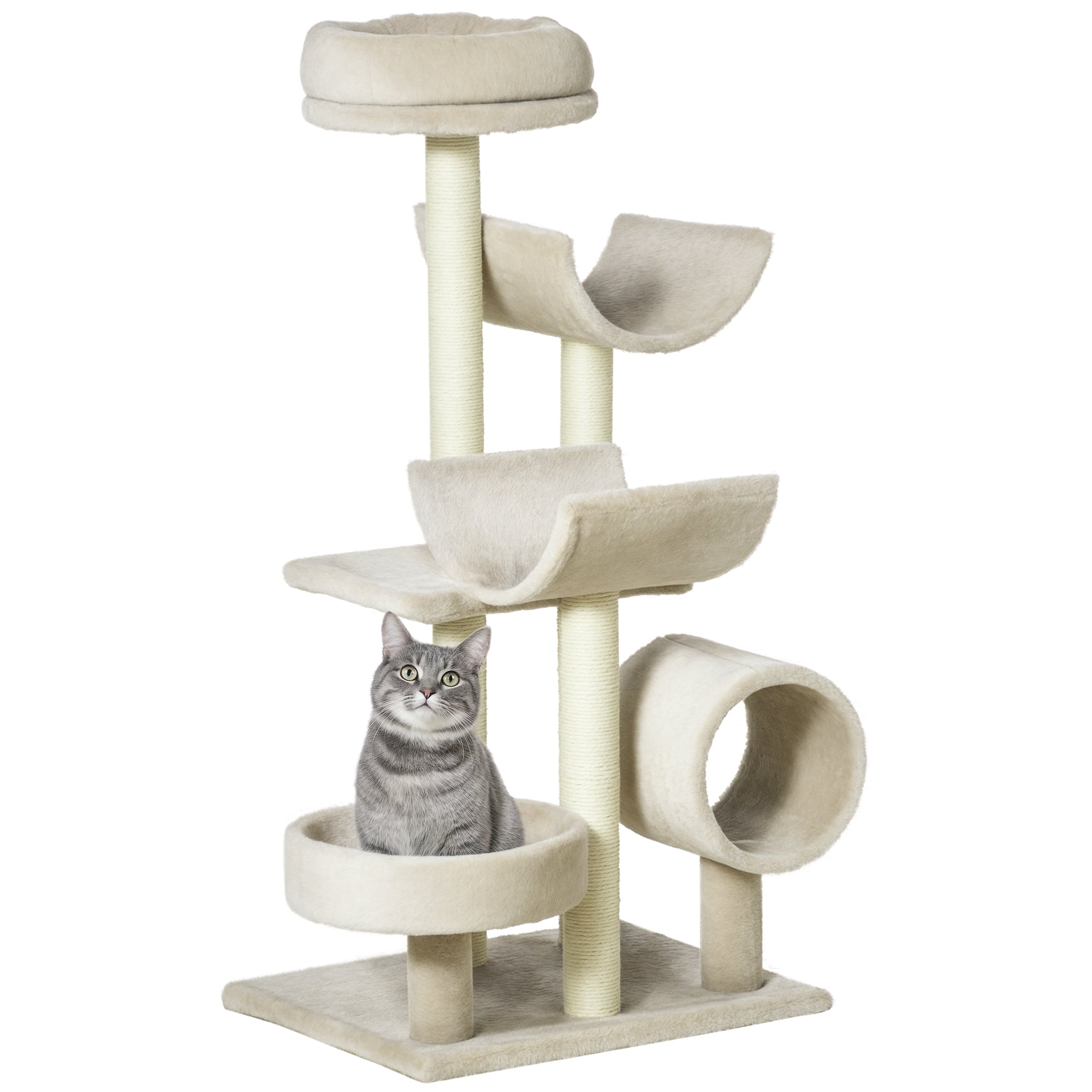 Raspador para Gatos Bege 50x40x105cm - Centro de Atividades com Plataformas e Tubo de Jogo