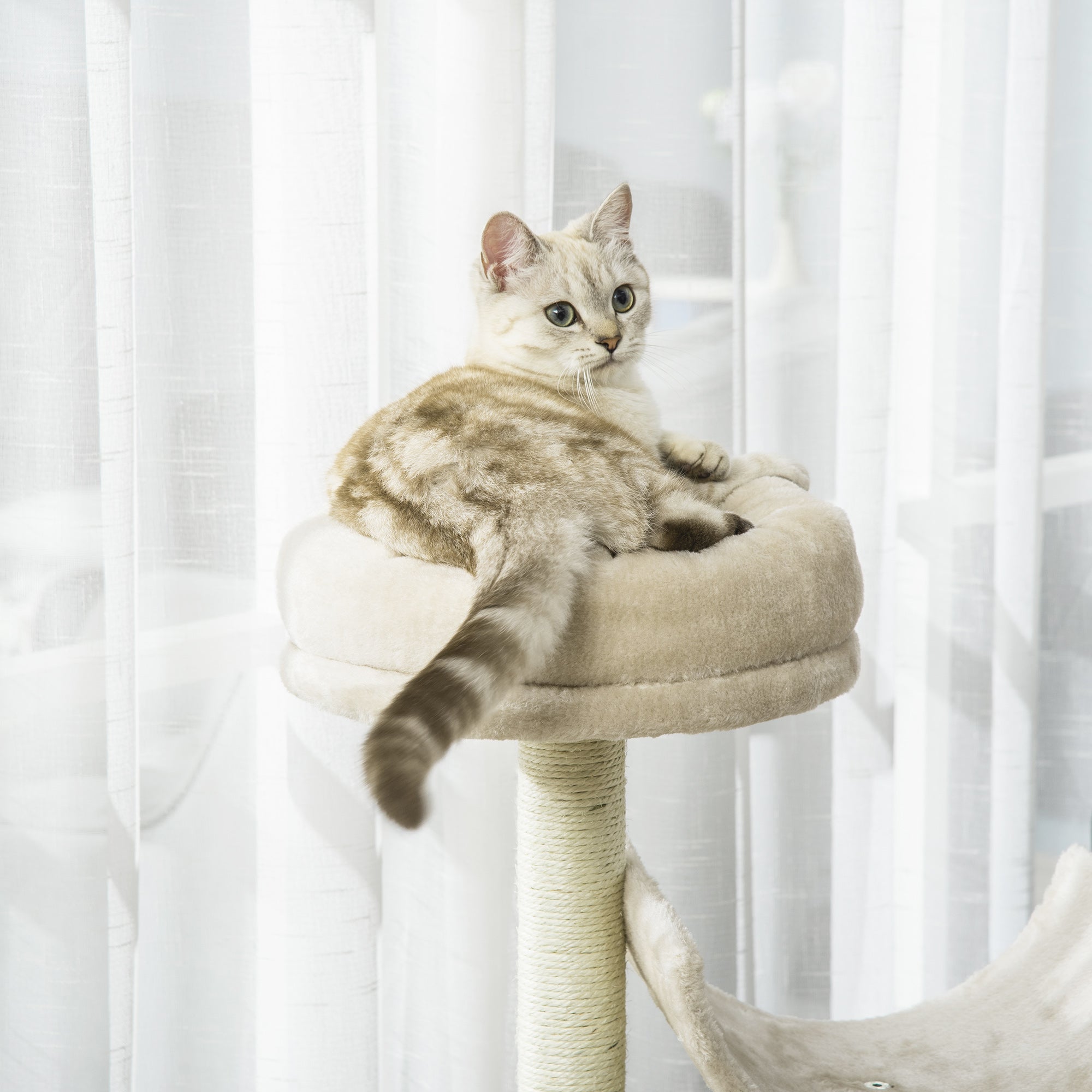 Raspador para Gatos Bege 50x40x105cm - Centro de Atividades com Plataformas e Tubo de Jogo