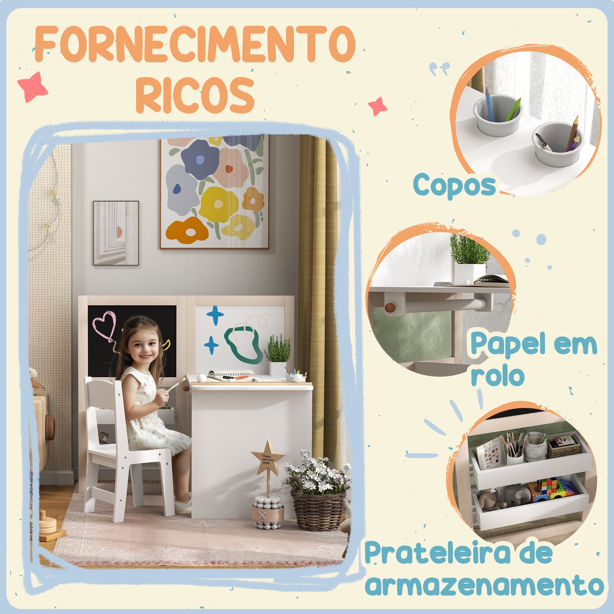 Mesa e Cadeira Infantil 81,5x111,5x102,4 cm - Cor Branco