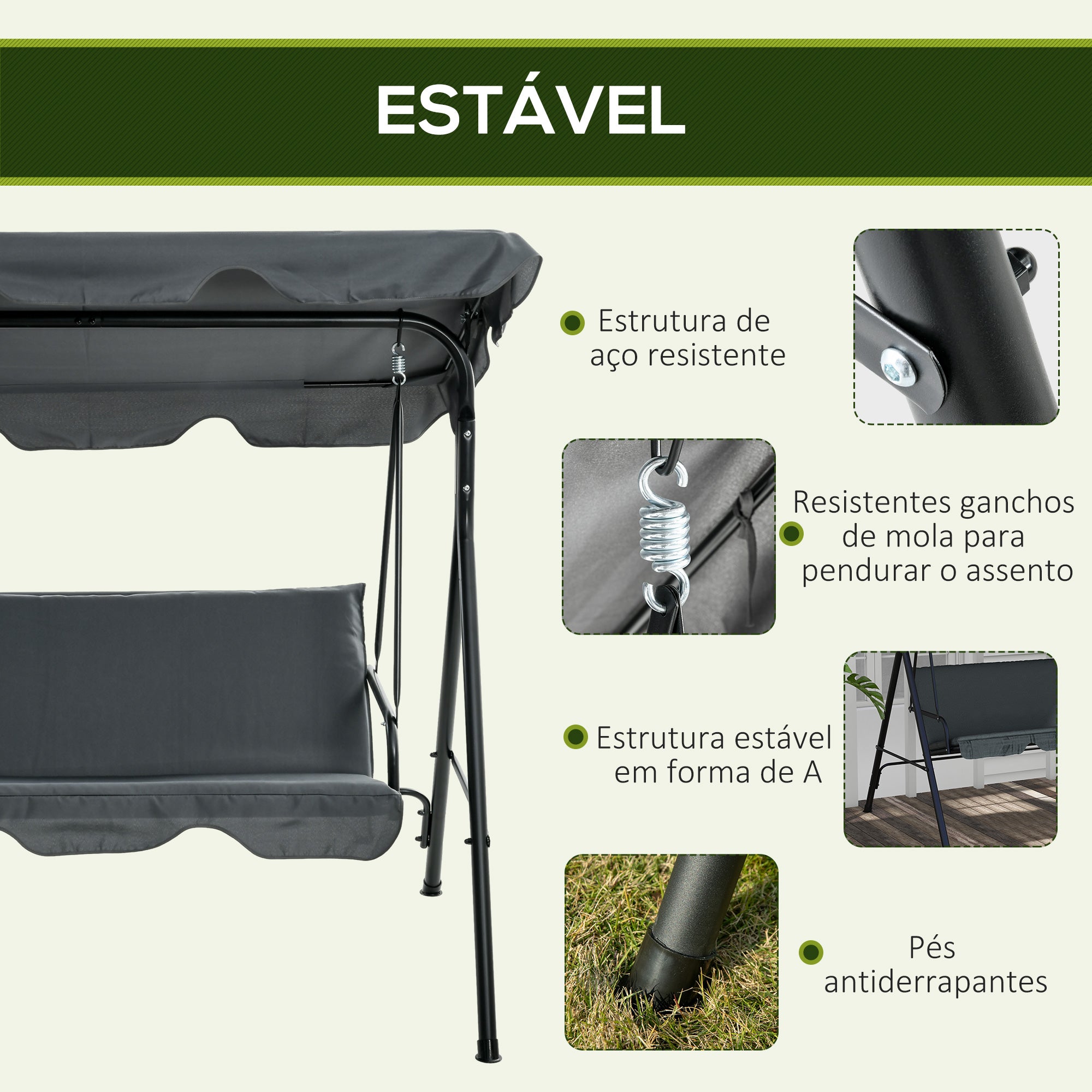 Baloiço de Jardim 3 Lugares Cinza 172x110x153 cm