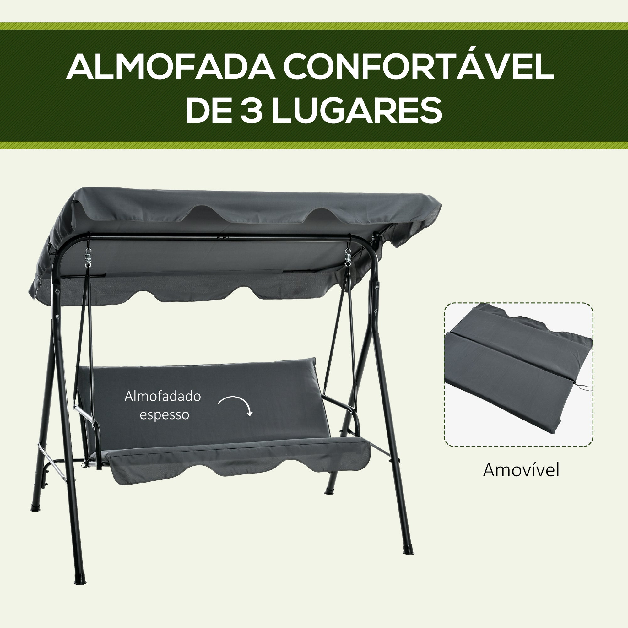 Baloiço de Jardim 3 Lugares Cinza 172x110x153 cm