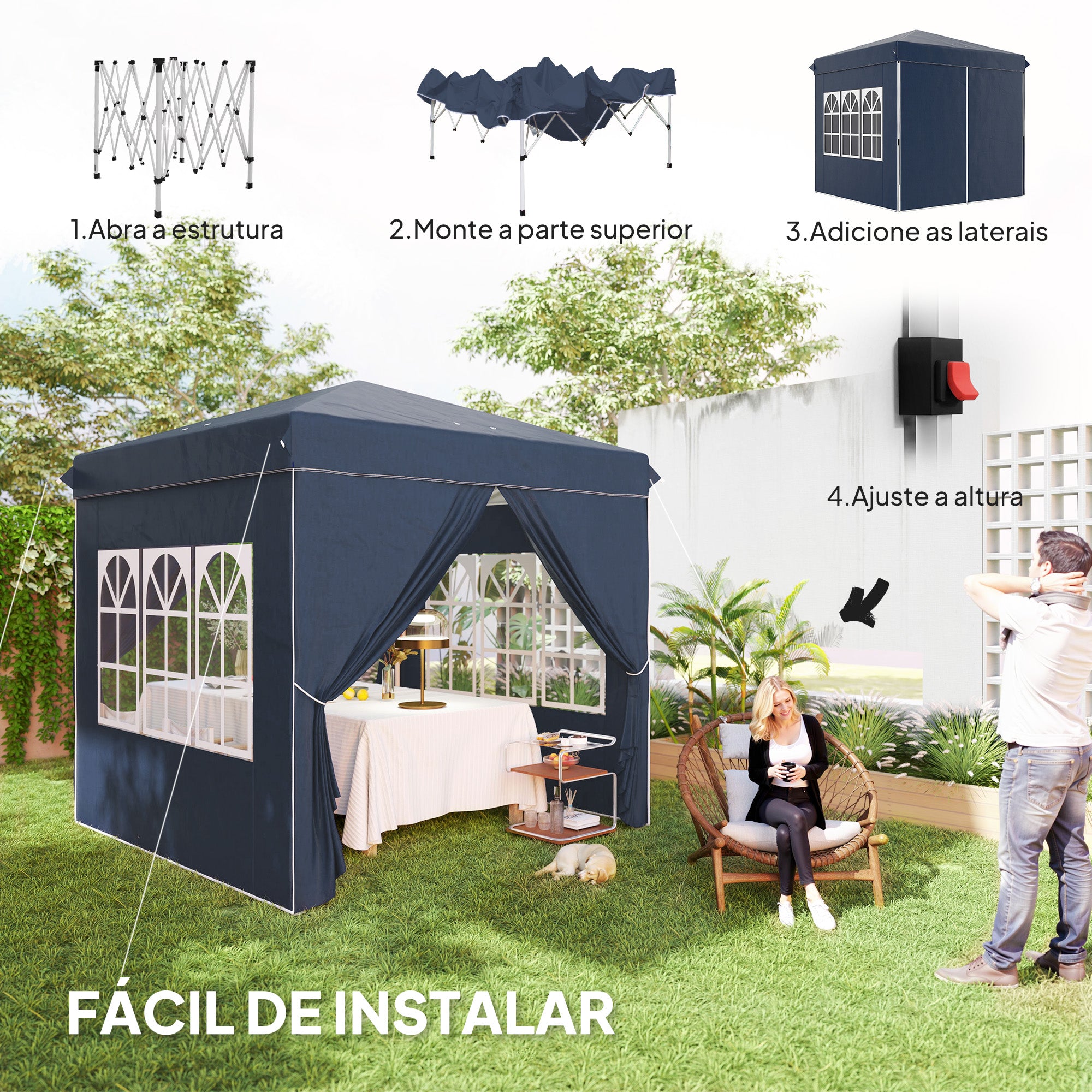 Tenda Pop-Up 248x248x270 cm Azul Escuro Anti-UV Altura Ajustável