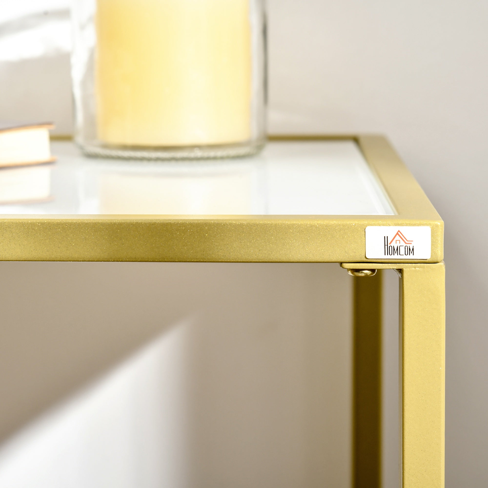 Mesa Consola com Vidro Temperado e Estrutura de Aço - 100,5x35,5x80cm - Branco e Dourado