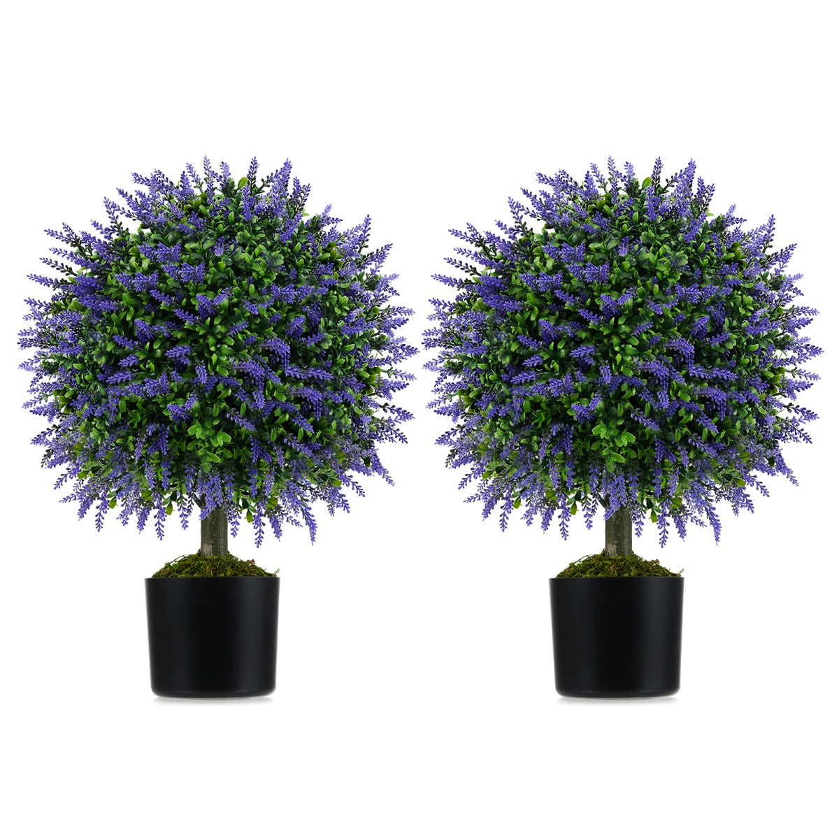 Conjunto de 2 Plantas Artificiais de Lavanda em Bola Topiária Árvore Falsa de Buxus de 58 cm com Vaso Preenchido com Cimento Planta Artificial