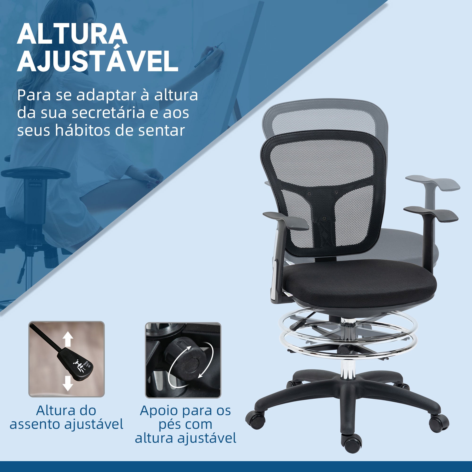 Cadeira de Escritório Ergonómica de Malha com Apoio para os Braços e Pés Ajustáveis 59x59x95-115cm Preto