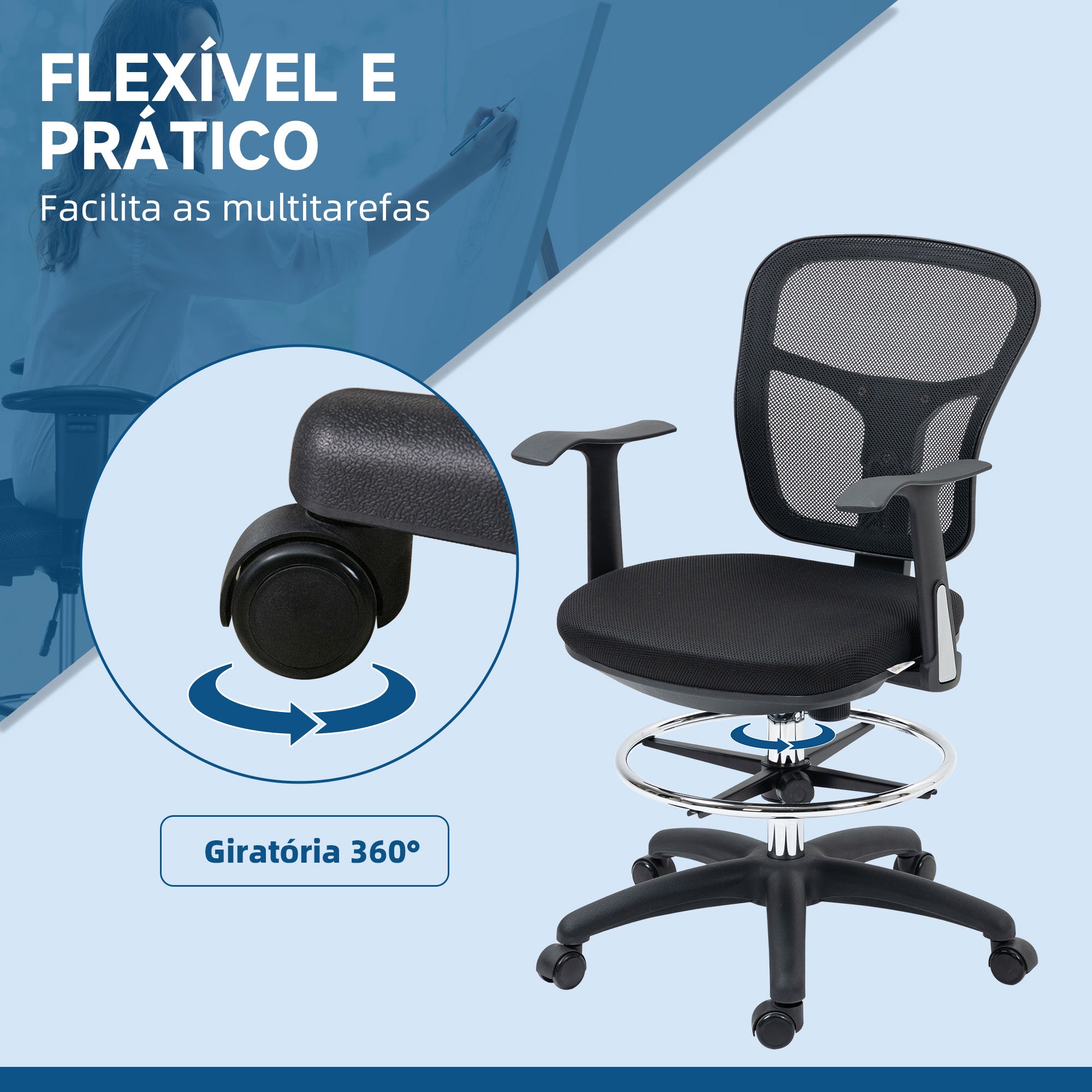 Cadeira de Escritório Ergonómica de Malha com Apoio para os Braços e Pés Ajustáveis 59x59x95-115cm Preto