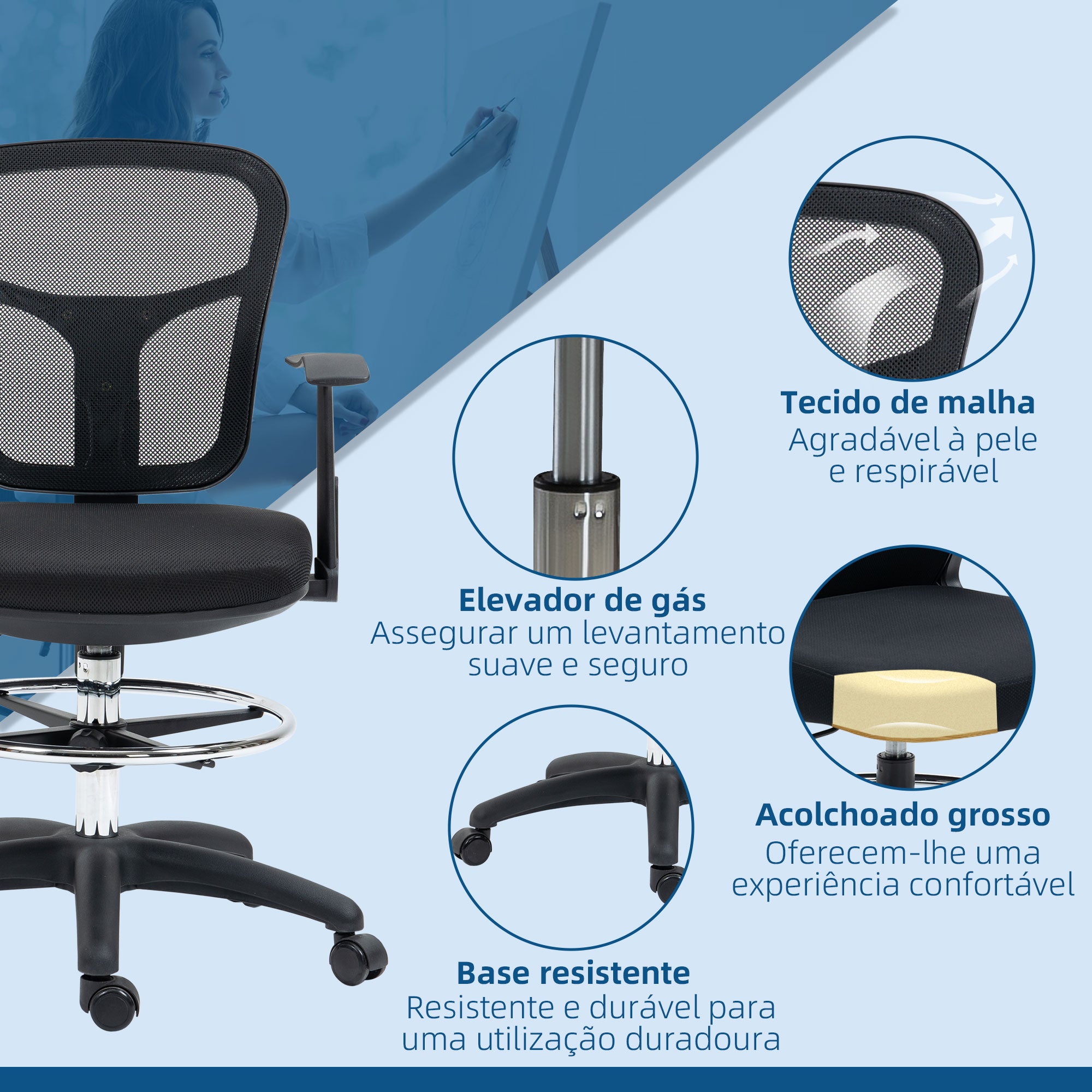 Cadeira de Escritório Ergonómica de Malha com Apoio para os Braços e Pés Ajustáveis 59x59x95-115cm Preto