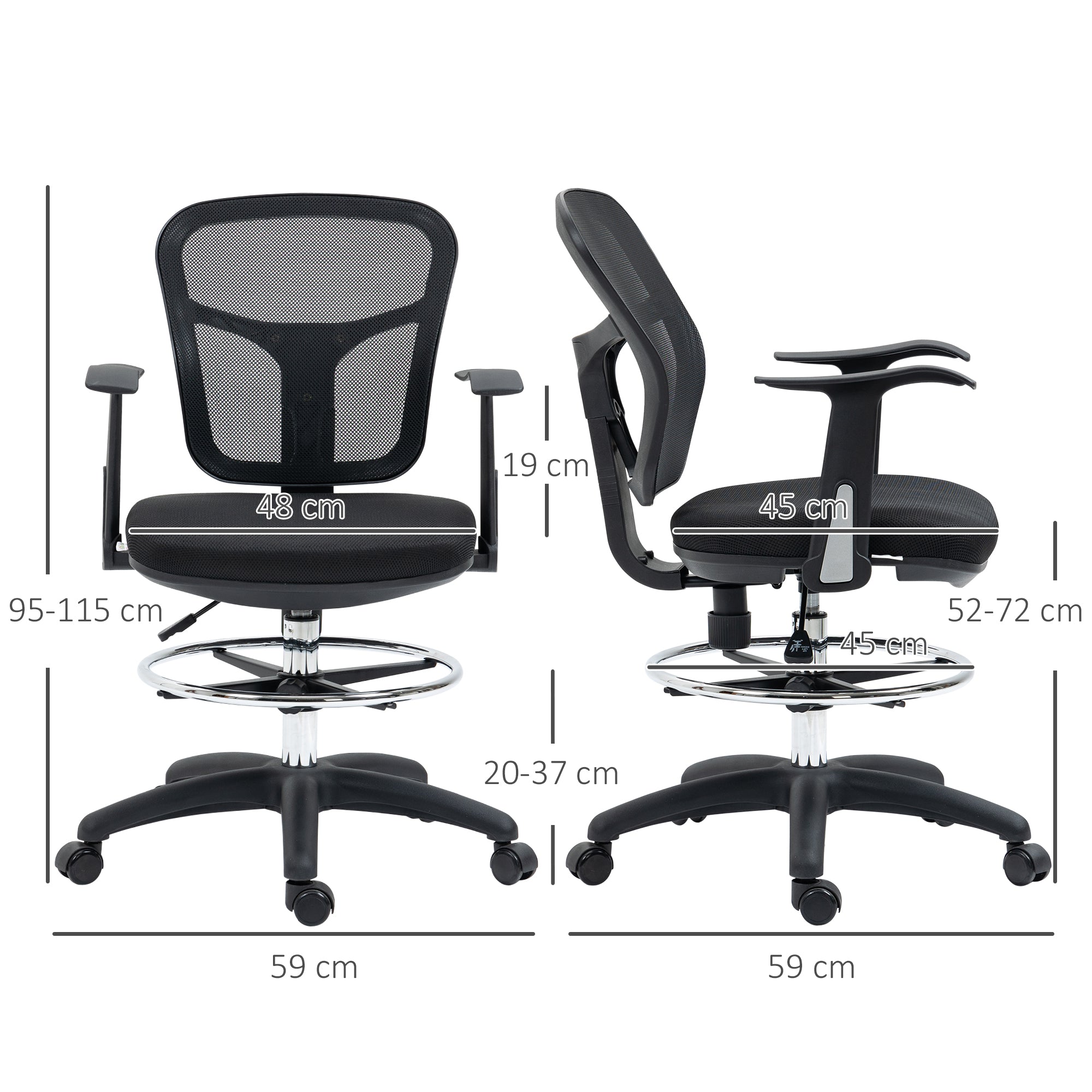 Cadeira de Escritório Ergonómica de Malha com Apoio para os Braços e Pés Ajustáveis 59x59x95-115cm Preto