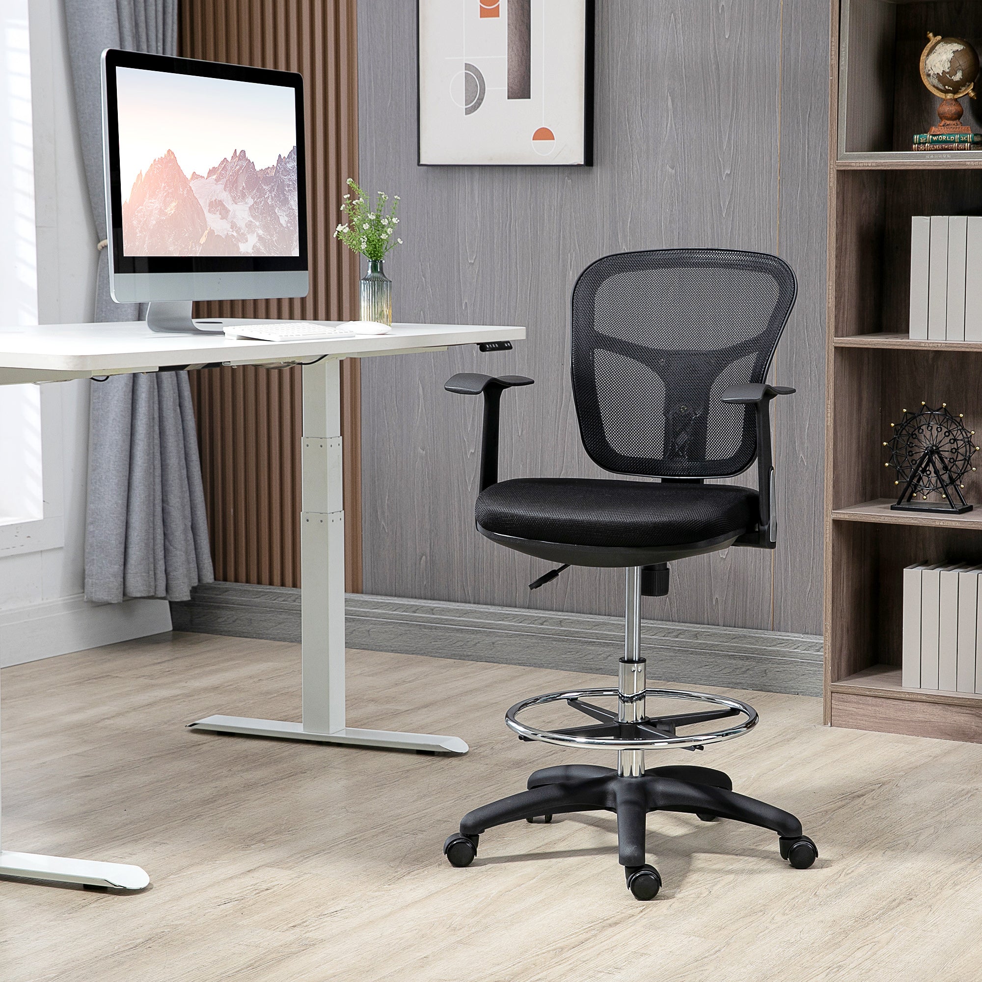 Cadeira de Escritório Ergonómica de Malha com Apoio para os Braços e Pés Ajustáveis 59x59x95-115cm Preto
