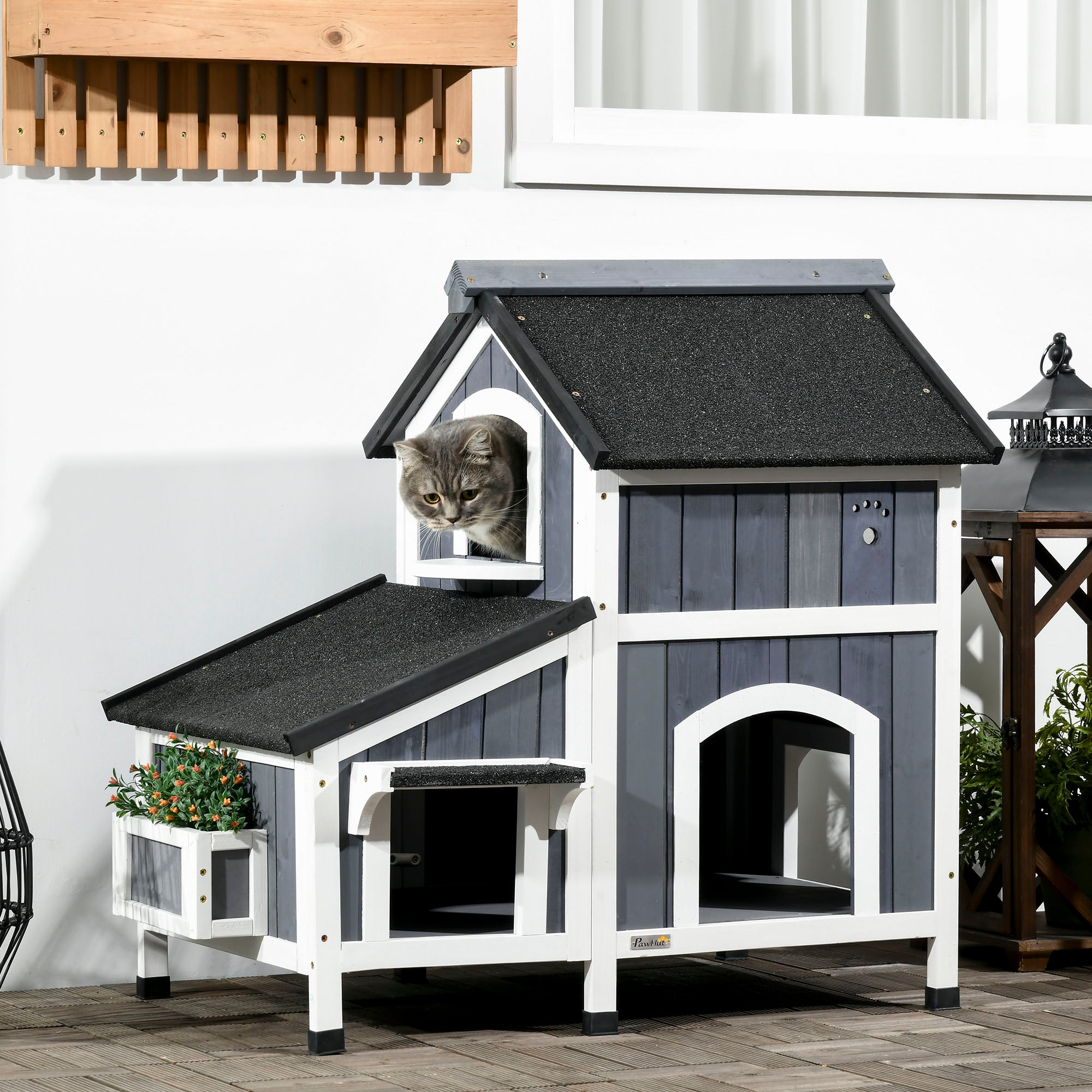 Casa para Gatos de Madeira com Floreira 96x65x85,5 cm Cinzento
