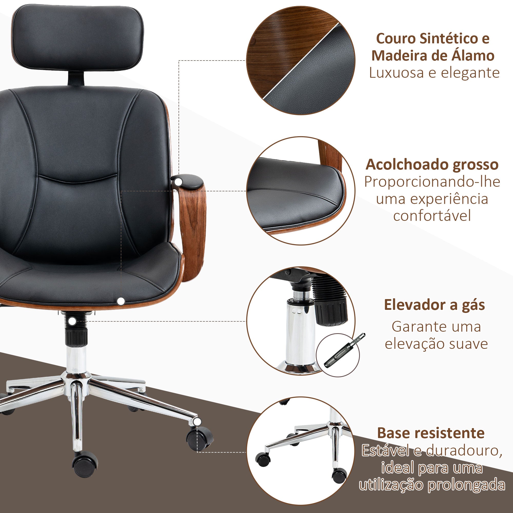 Cadeira de Escritório Conforto Máximo Couro PU Preto e Nogueira 63x62x120 cm